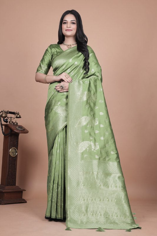 Mauve Green Banarasi Silk Saree with Gold Zari Peacock Work