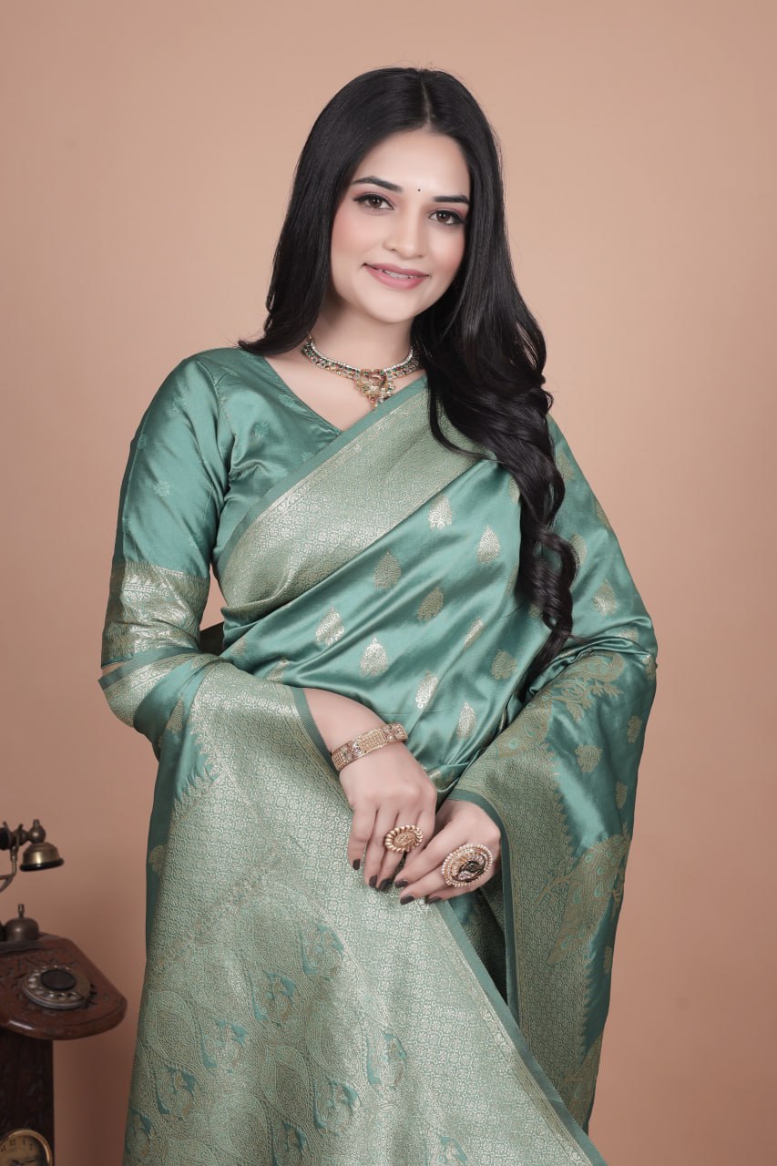 Elegant Mint Green Banarasi Silk Saree with Zari Weaving