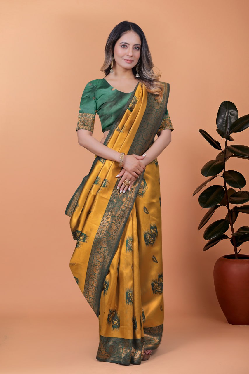 Mustard Yellow & Green Banarasi Silk Saree with Zari Weaving