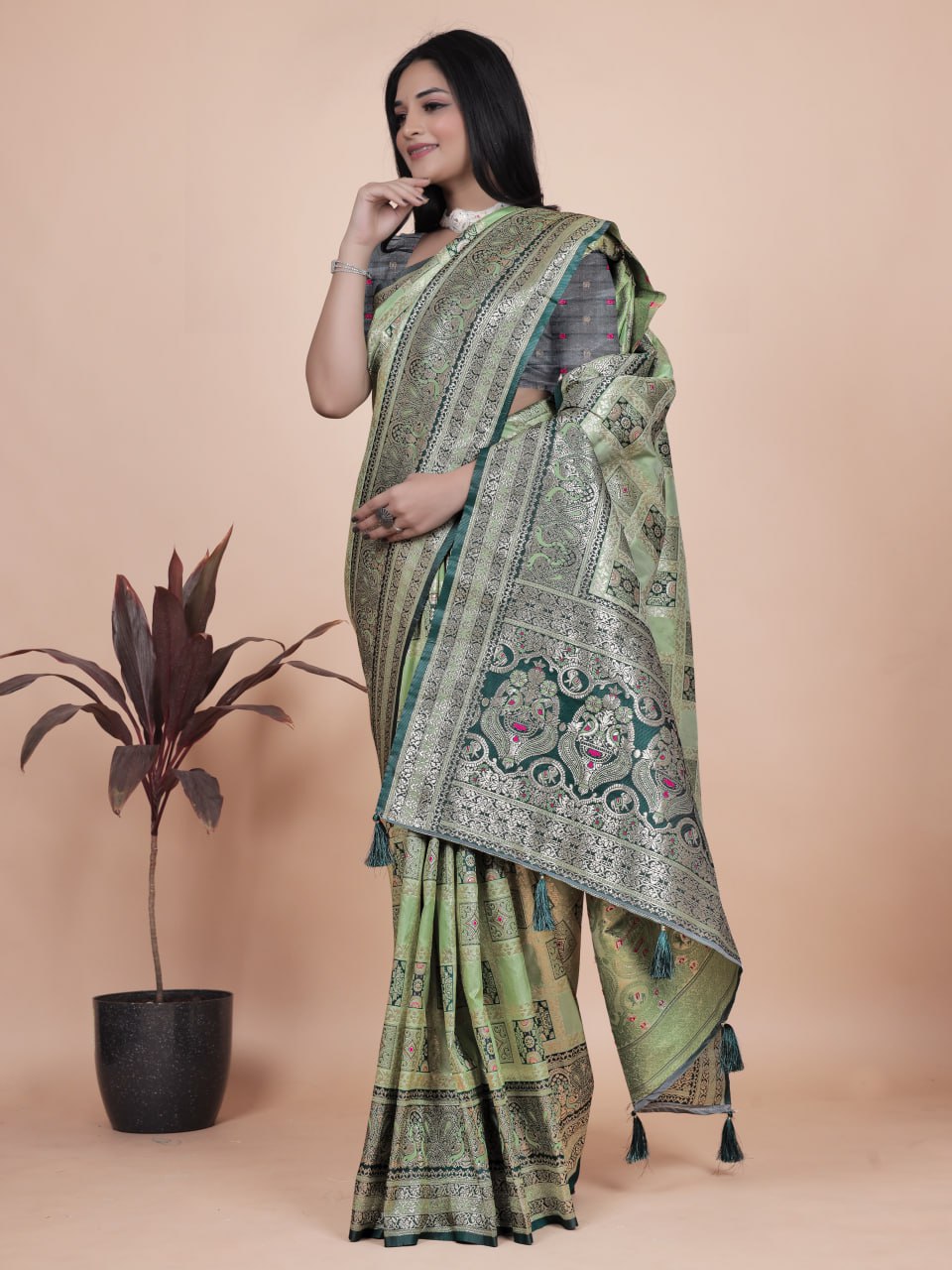 Pastel Green and Dark Green Banarasi Silk Saree with Silver Zari Weaving