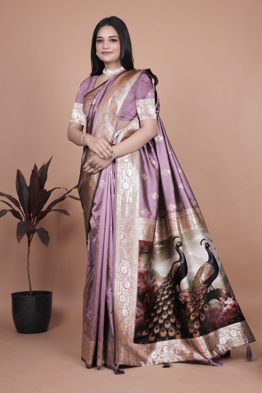 Lavender Banarasi Silk Saree with Majestic Peacock Motif Pallu