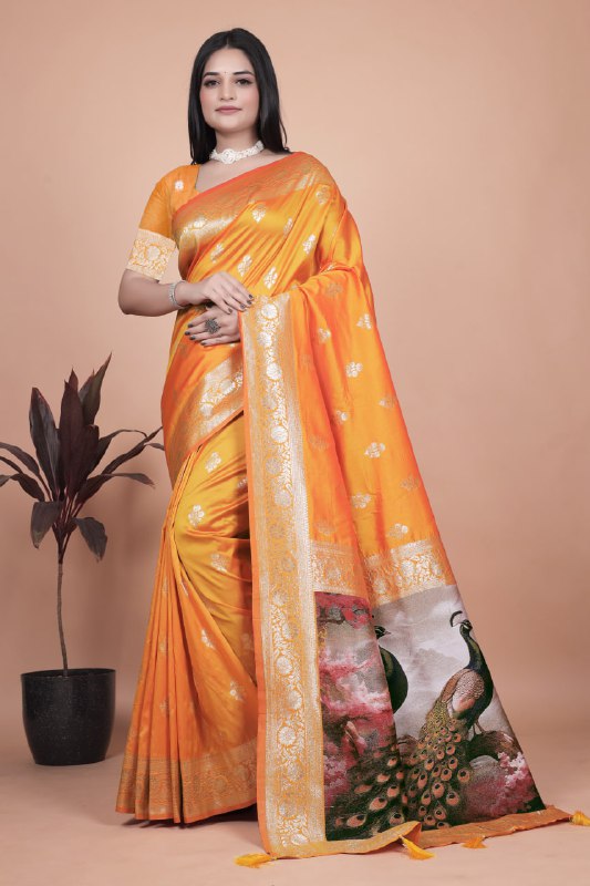 Radiant Orange Silk Saree with Peacock Pallu