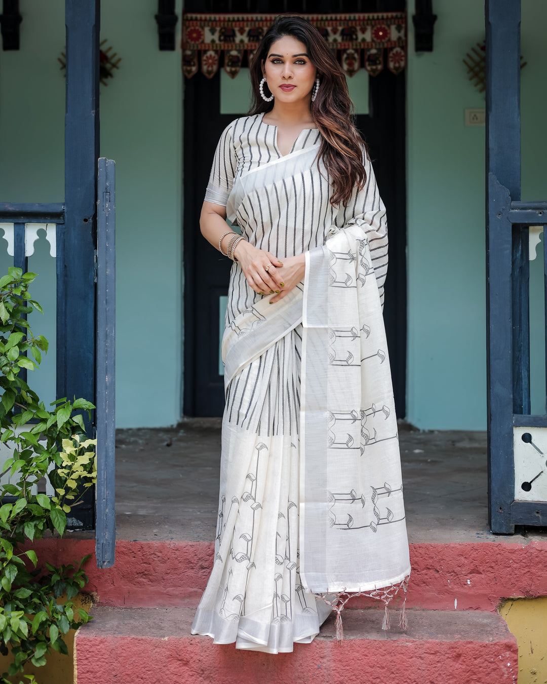 Elegant White Linen Cotton Saree with Black Striped & Arrow Motif