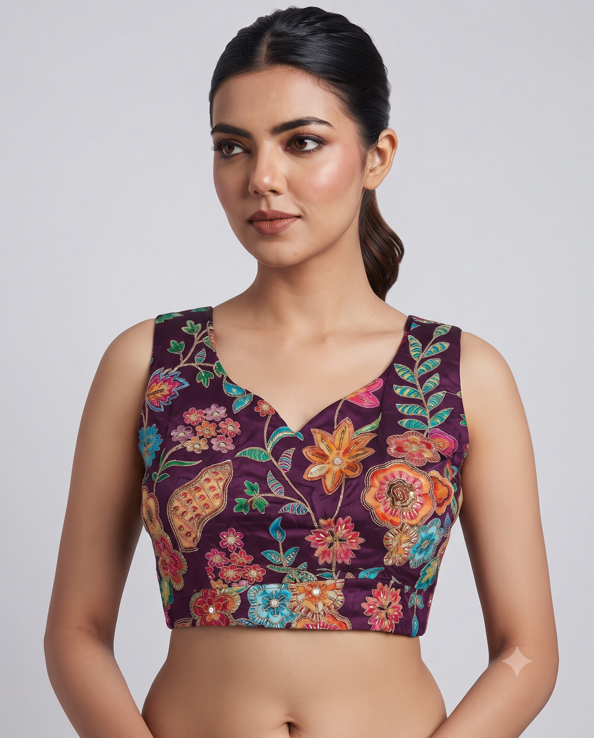 Ethnic Sleeveless Position Print Embroidery Blouse