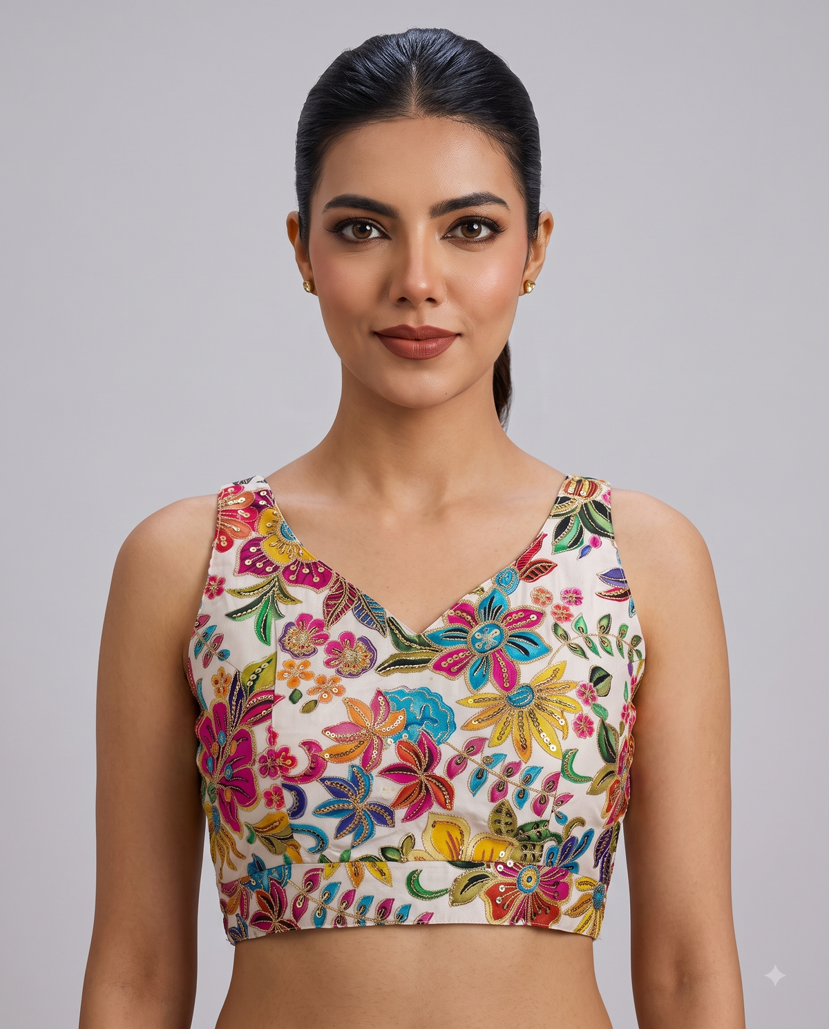 Sleeveless Position Print Embroidered Ready to Wear Blouse