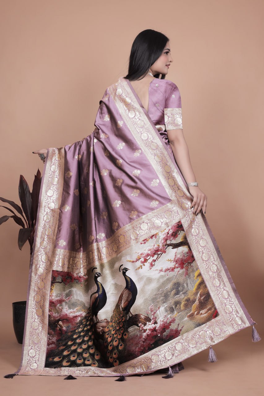 Lavender Banarasi Silk Saree with Majestic Peacock Motif Pallu