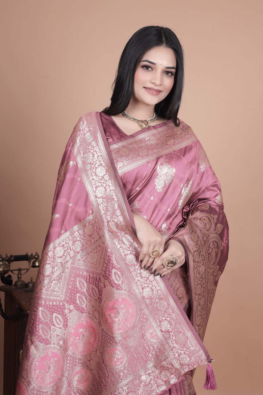 Rose Pink Banarasi Silk Saree with Intricate Silver Zari Weave