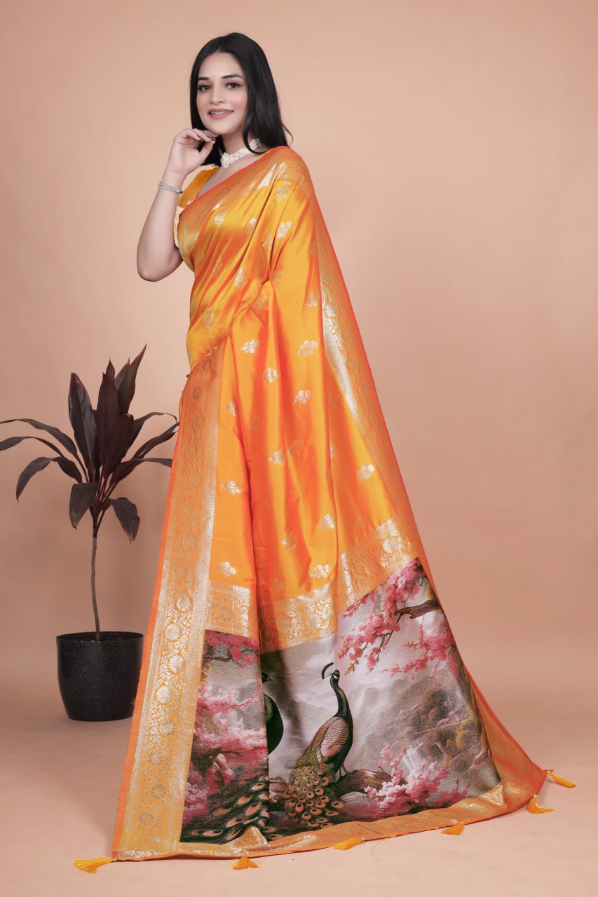 Radiant Orange Silk Saree with Peacock Pallu