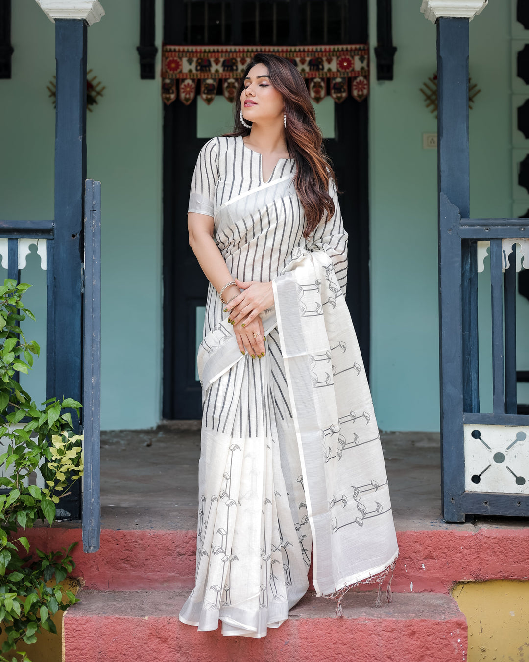 Elegant White Linen Cotton Saree with Black Striped & Arrow Motif