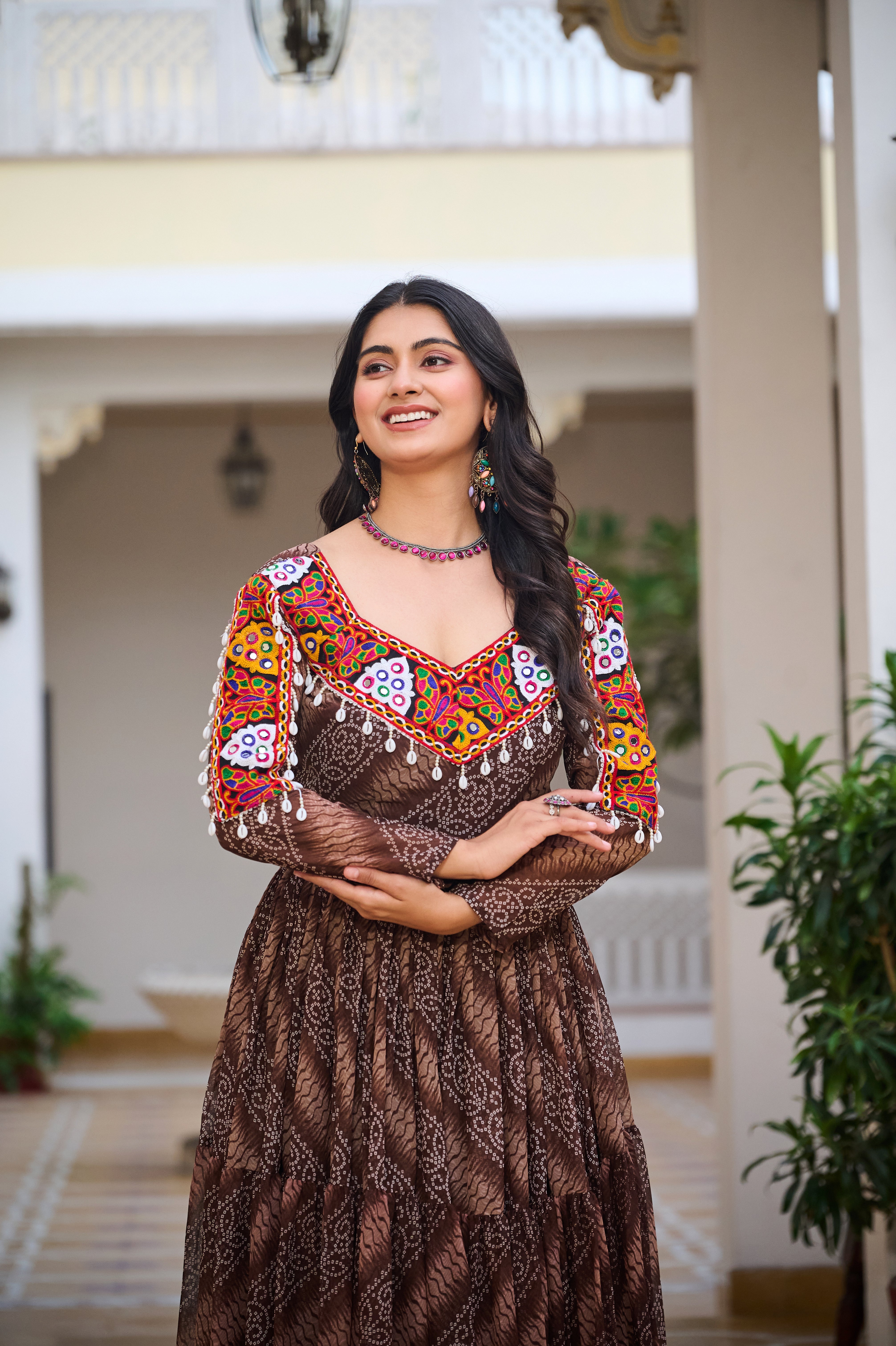 Traditional Bandhani Long Gown with Kutchi Embroidery Yoke