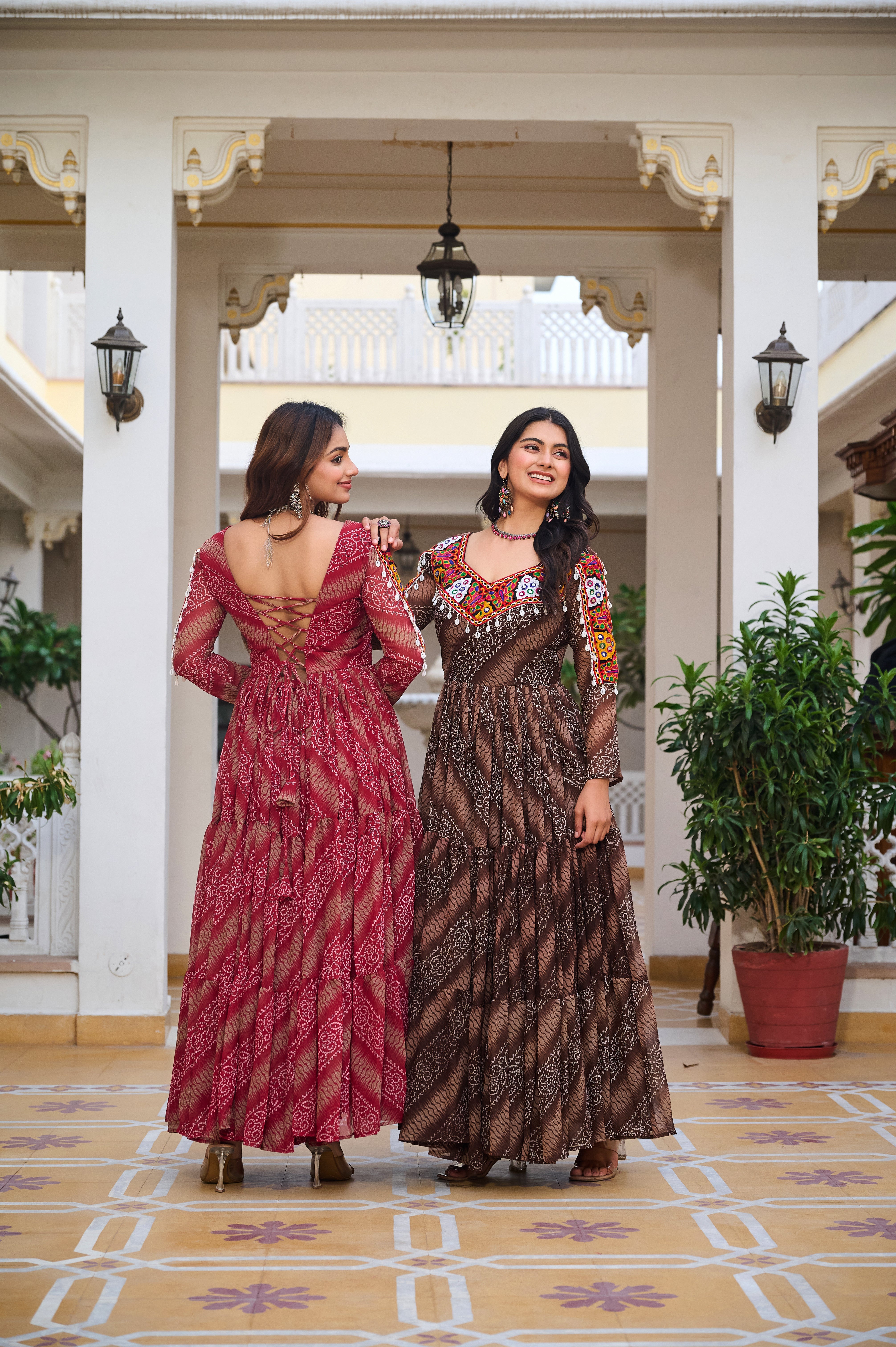 Traditional Bandhani Long Gown with Kutchi Embroidery Yoke
