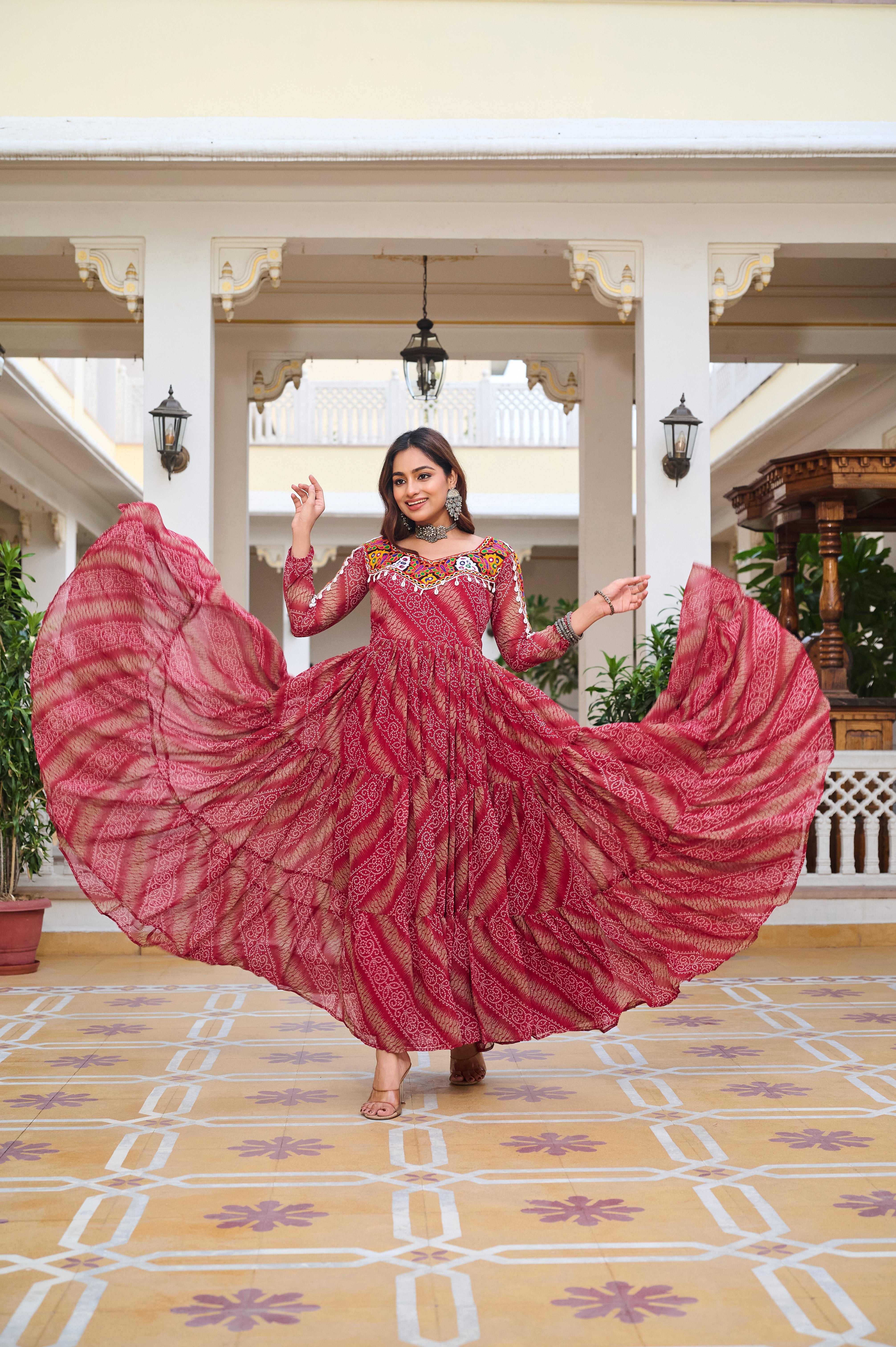 Traditional Bandhani Long Gown with Kutchi Embroidery Yoke