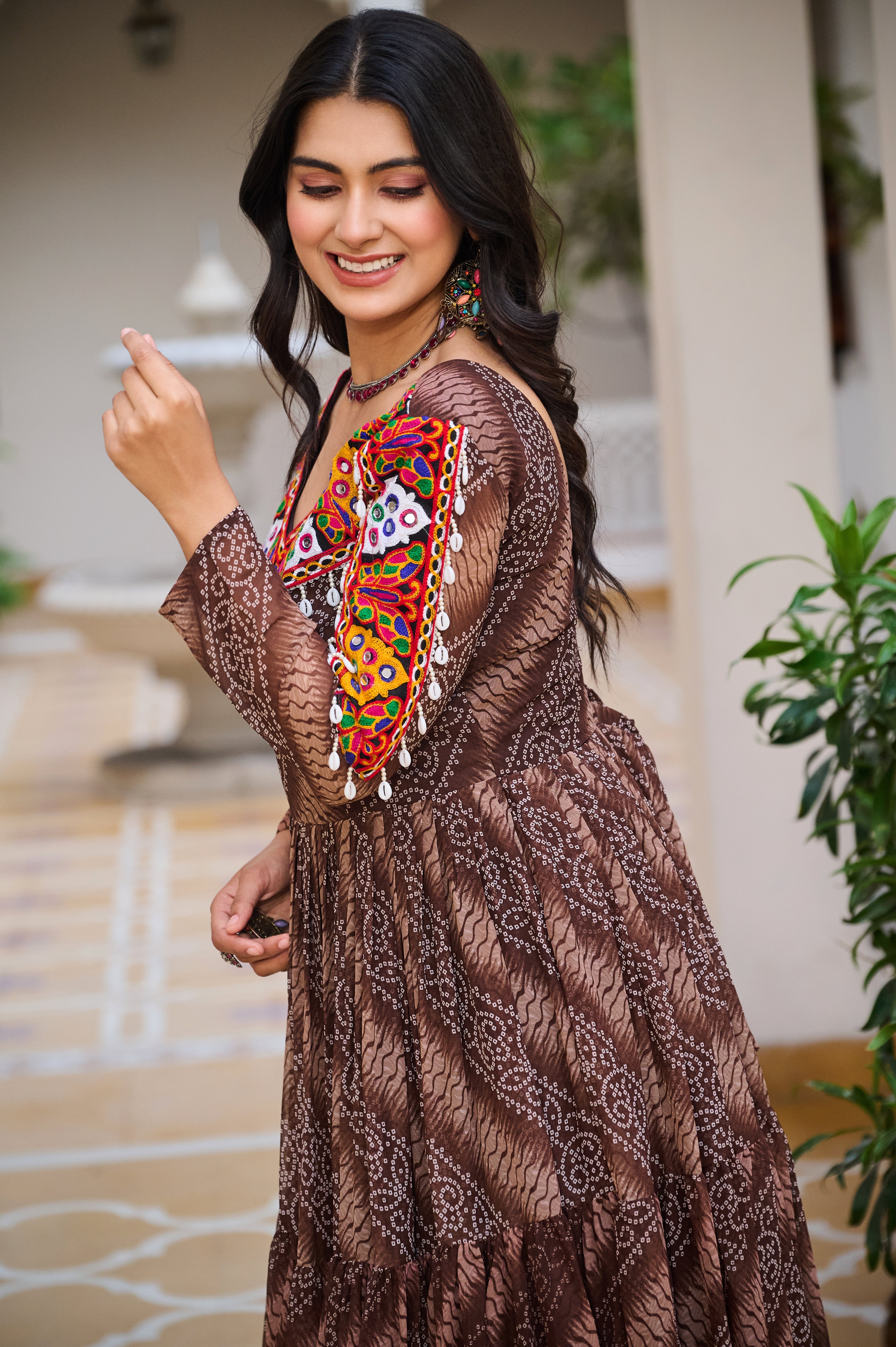 Traditional Bandhani Long Gown with Kutchi Embroidery Yoke