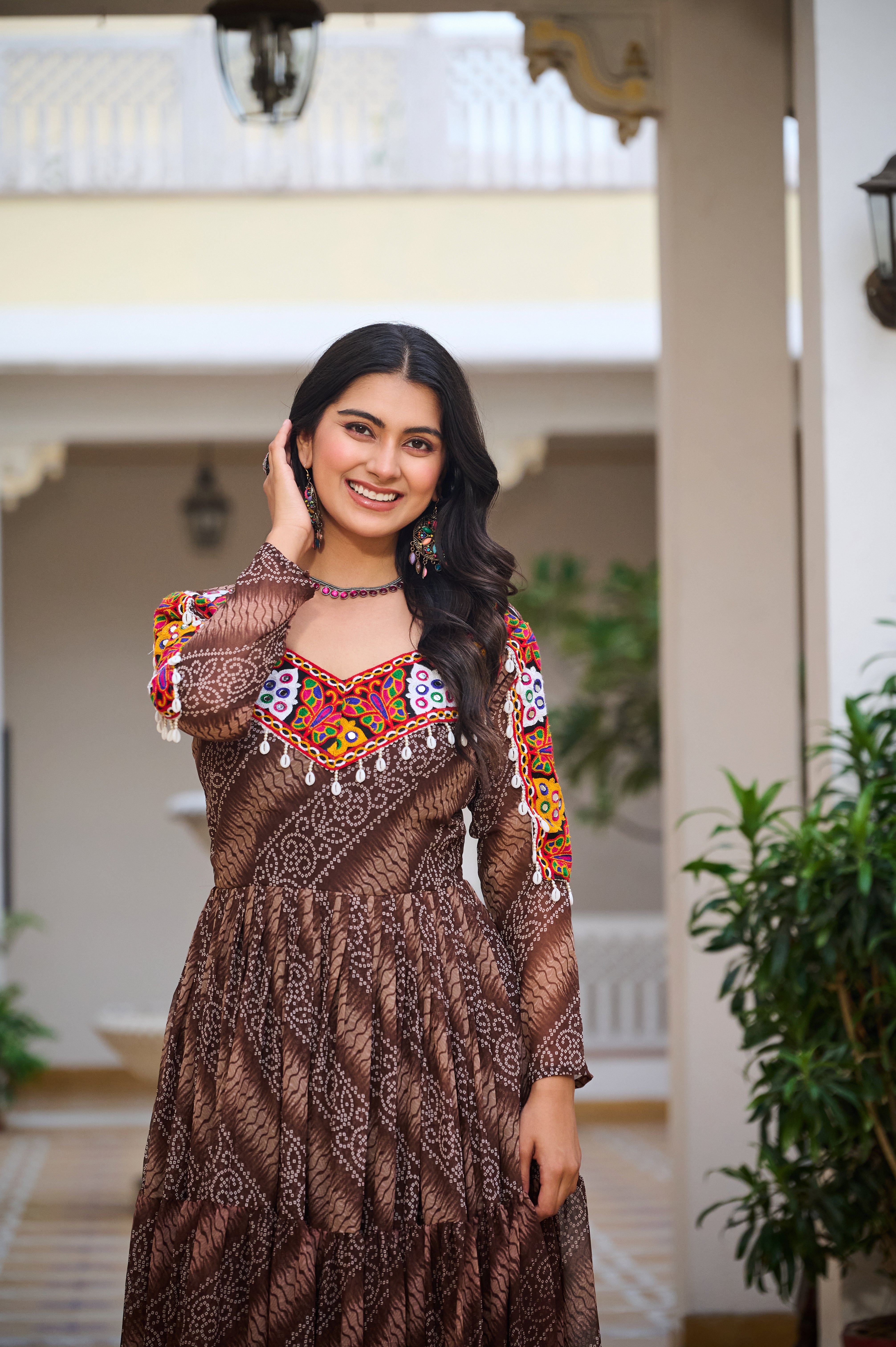 Traditional Bandhani Long Gown with Kutchi Embroidery Yoke