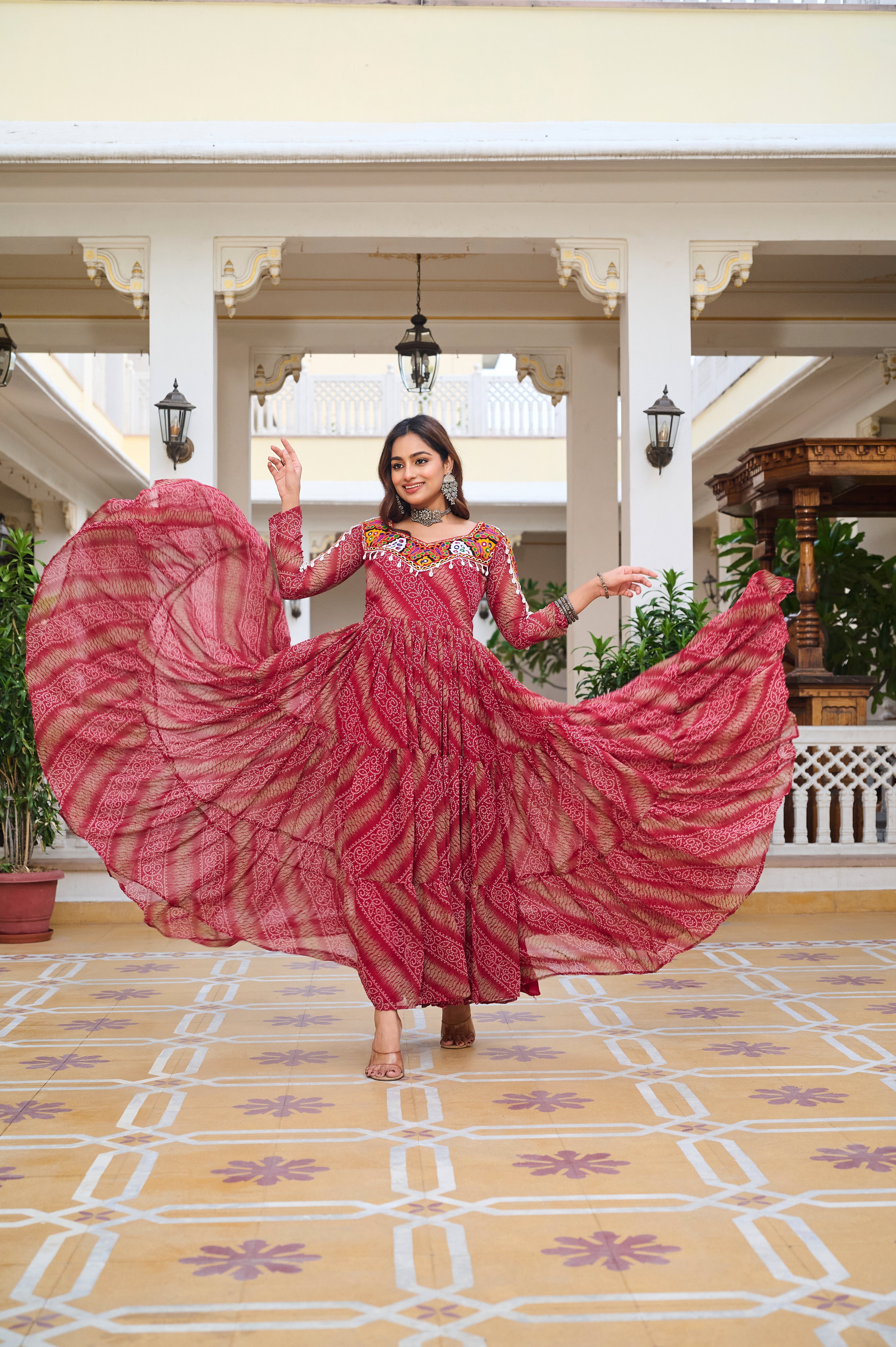 Traditional Bandhani Long Gown with Kutchi Embroidery Yoke