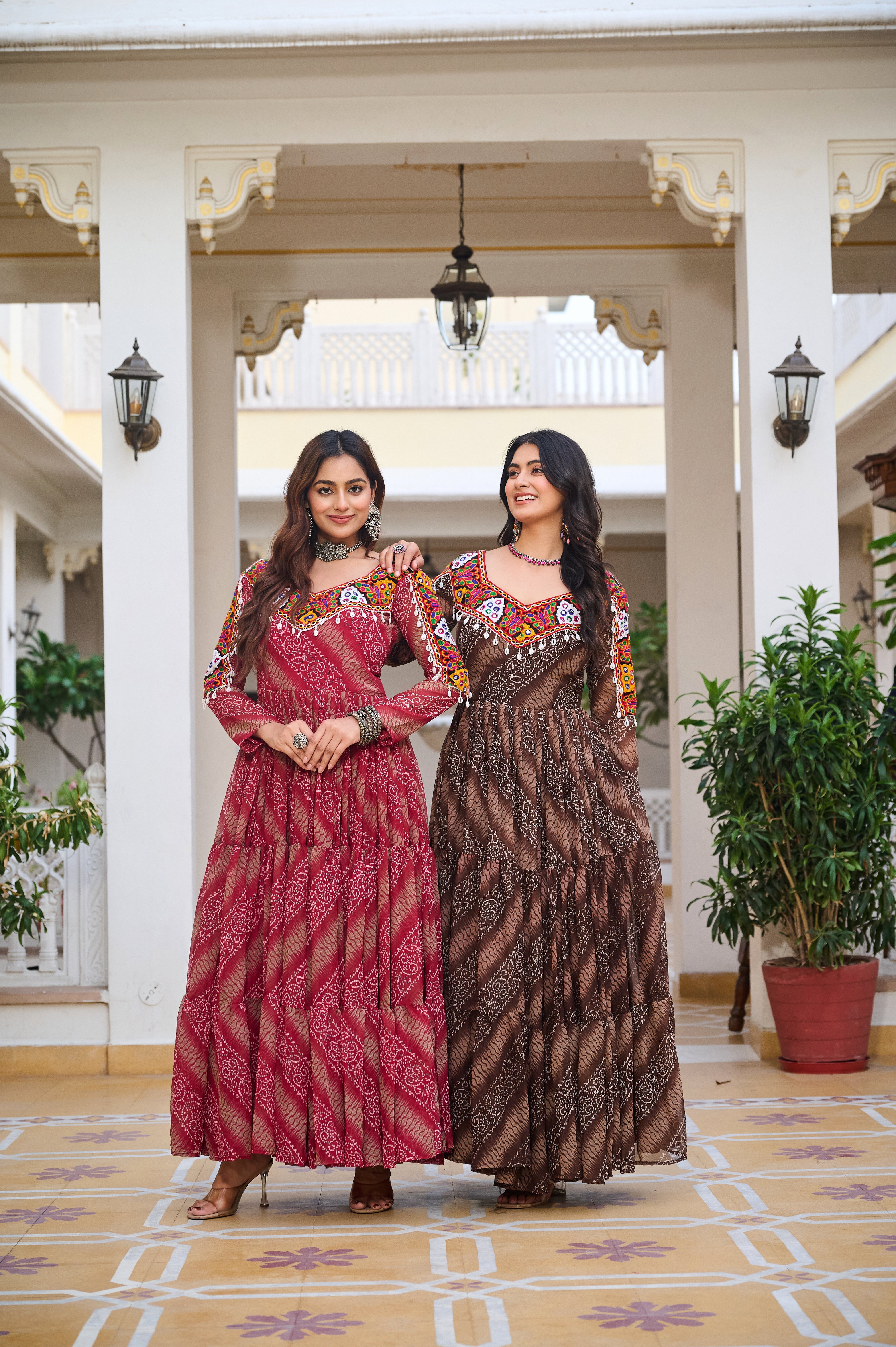 Traditional Bandhani Long Gown with Kutchi Embroidery Yoke