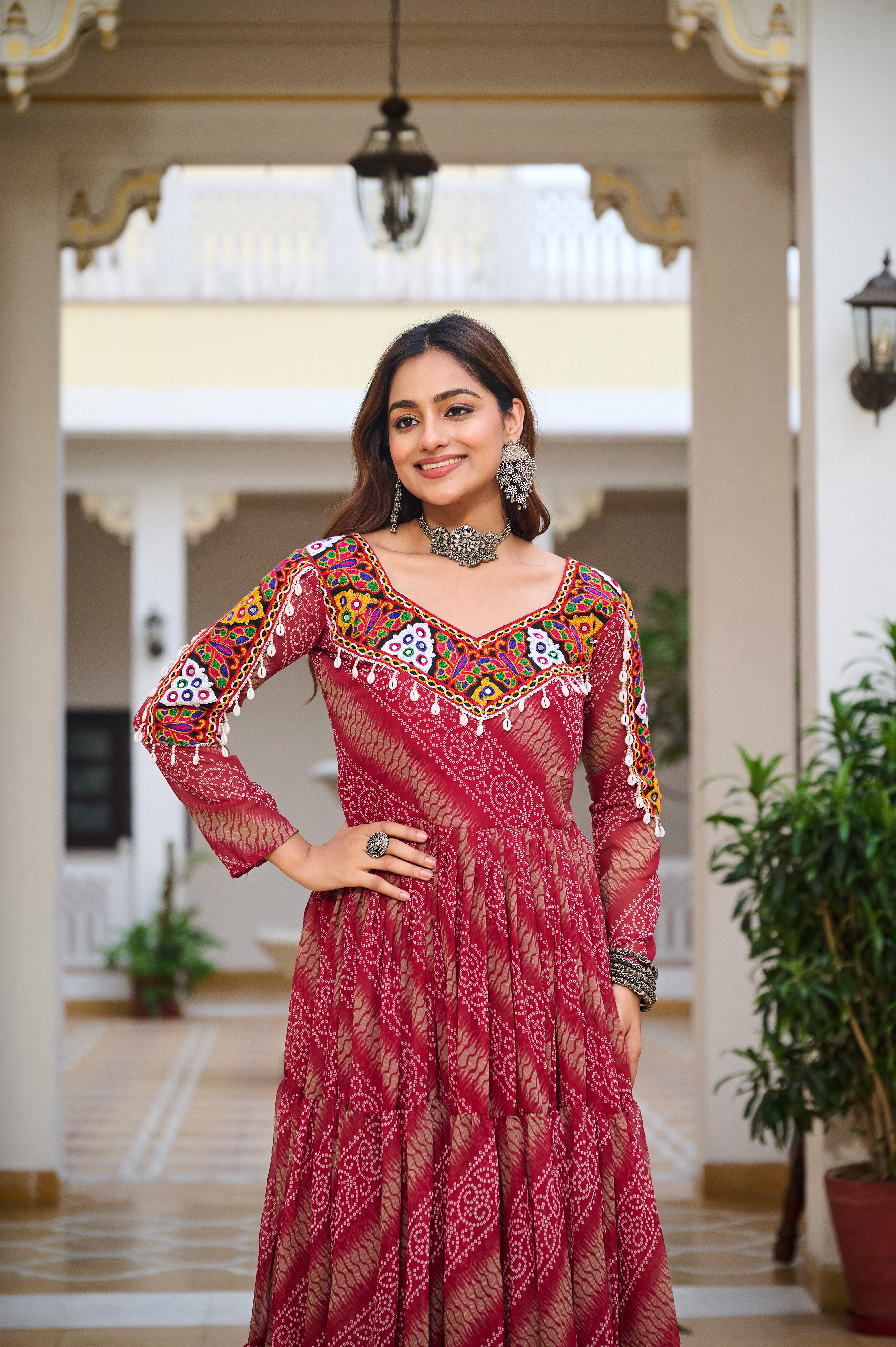 Traditional Bandhani Long Gown with Kutchi Embroidery Yoke