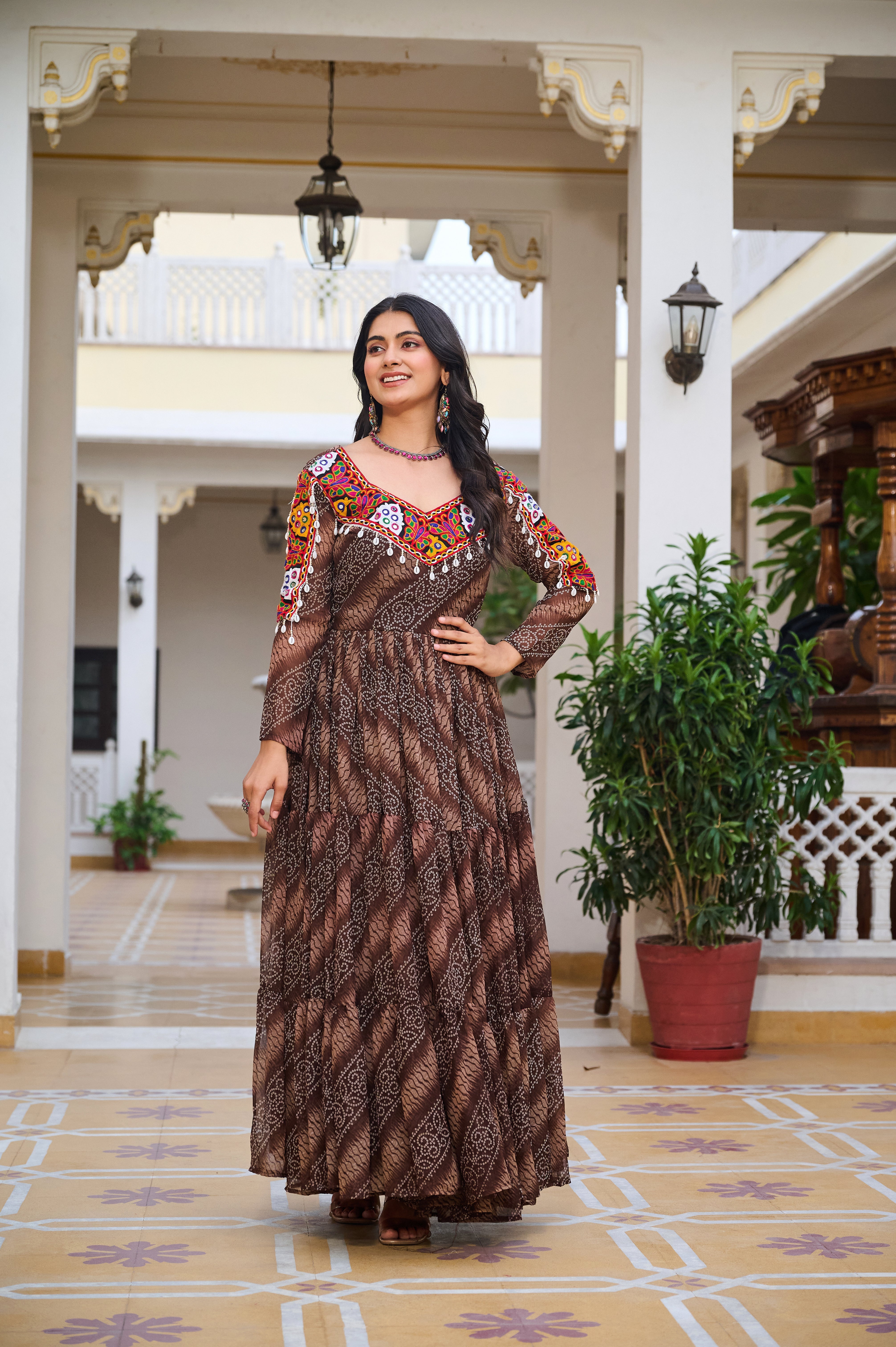 Traditional Bandhani Long Gown with Kutchi Embroidery Yoke