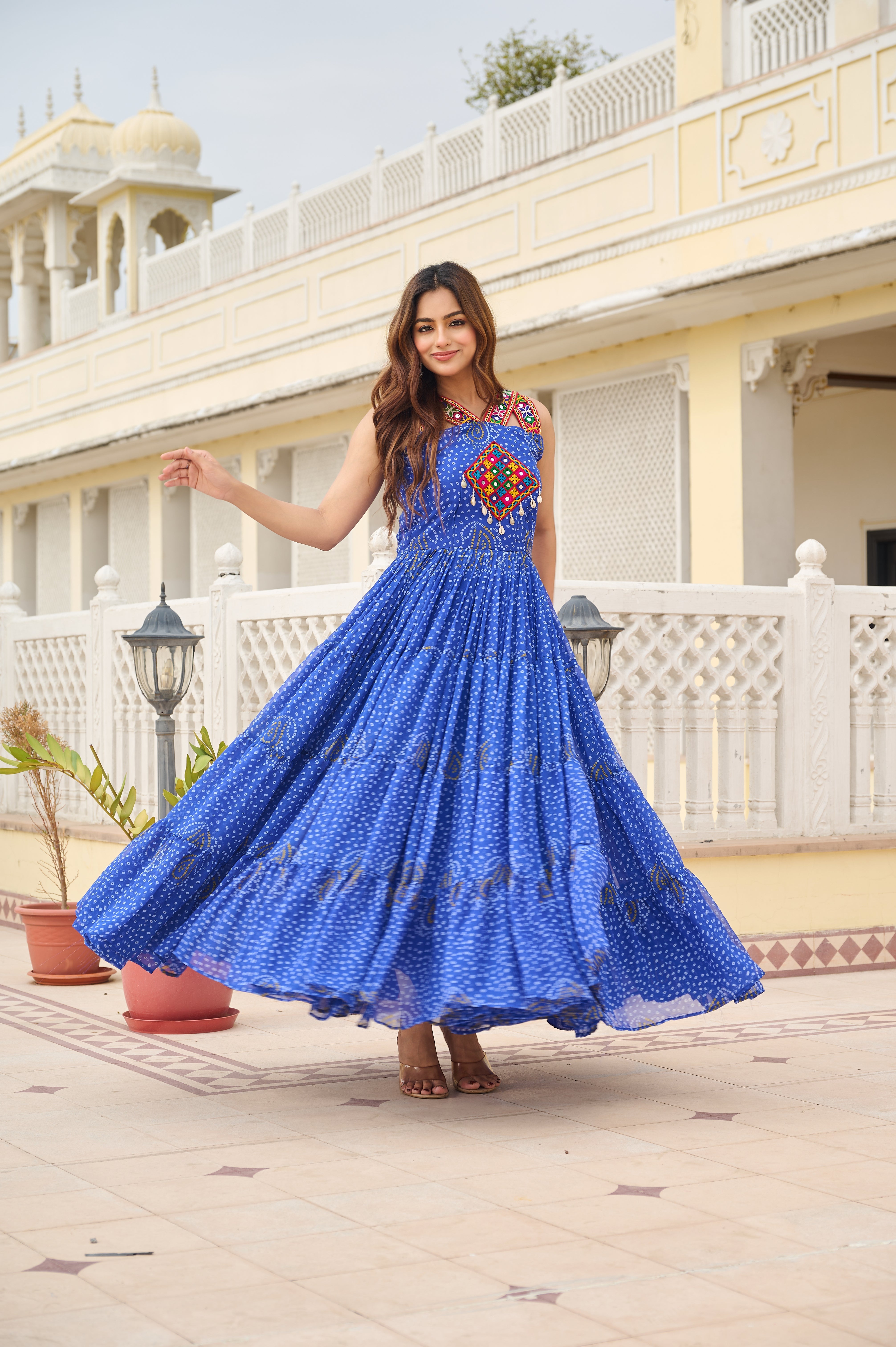 Bandhani Print Traditional Navratri Lehenga with Mirror Work Yoke & Dandiya Set