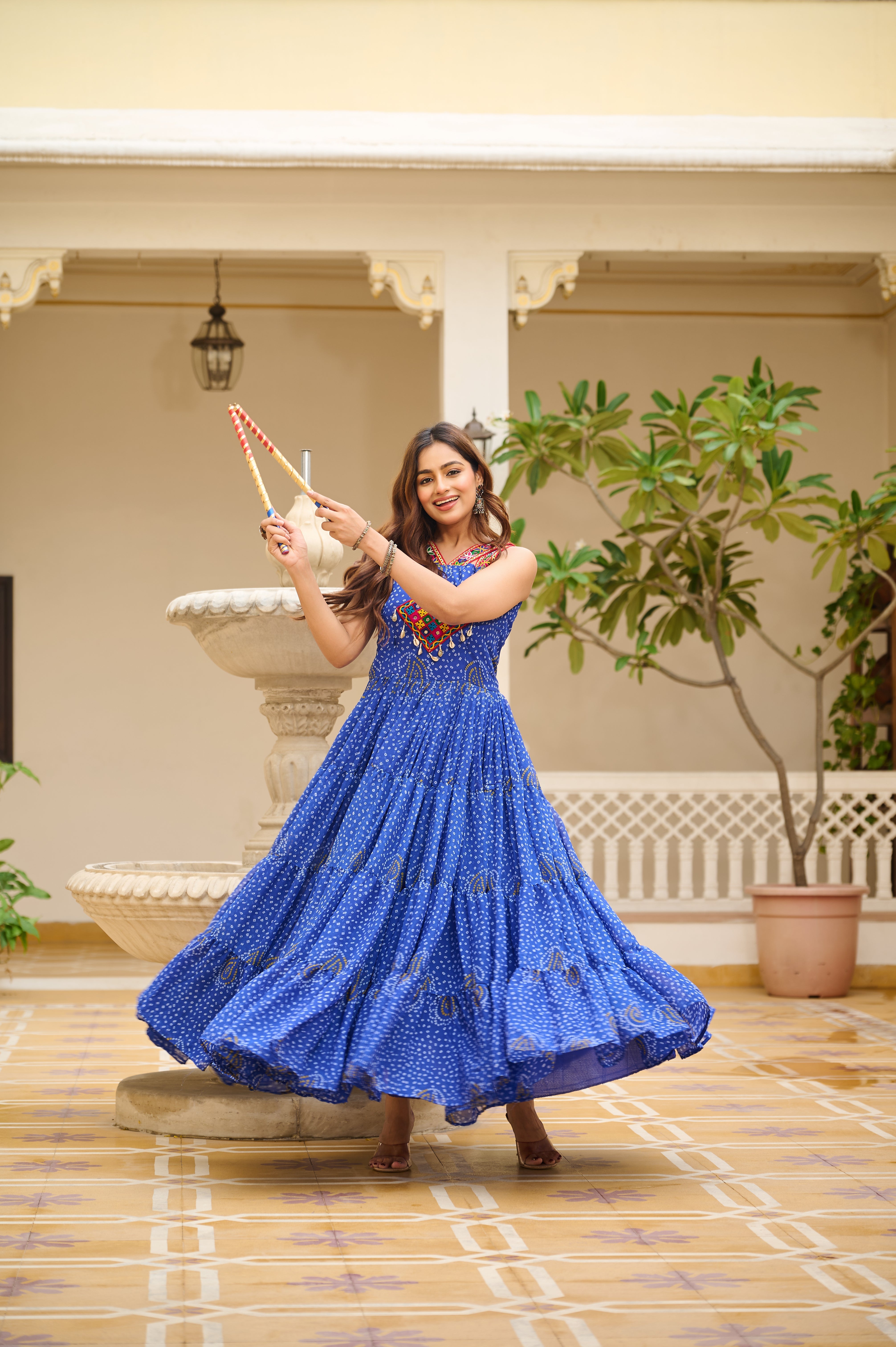 Bandhani Print Traditional Navratri Lehenga with Mirror Work Yoke & Dandiya Set
