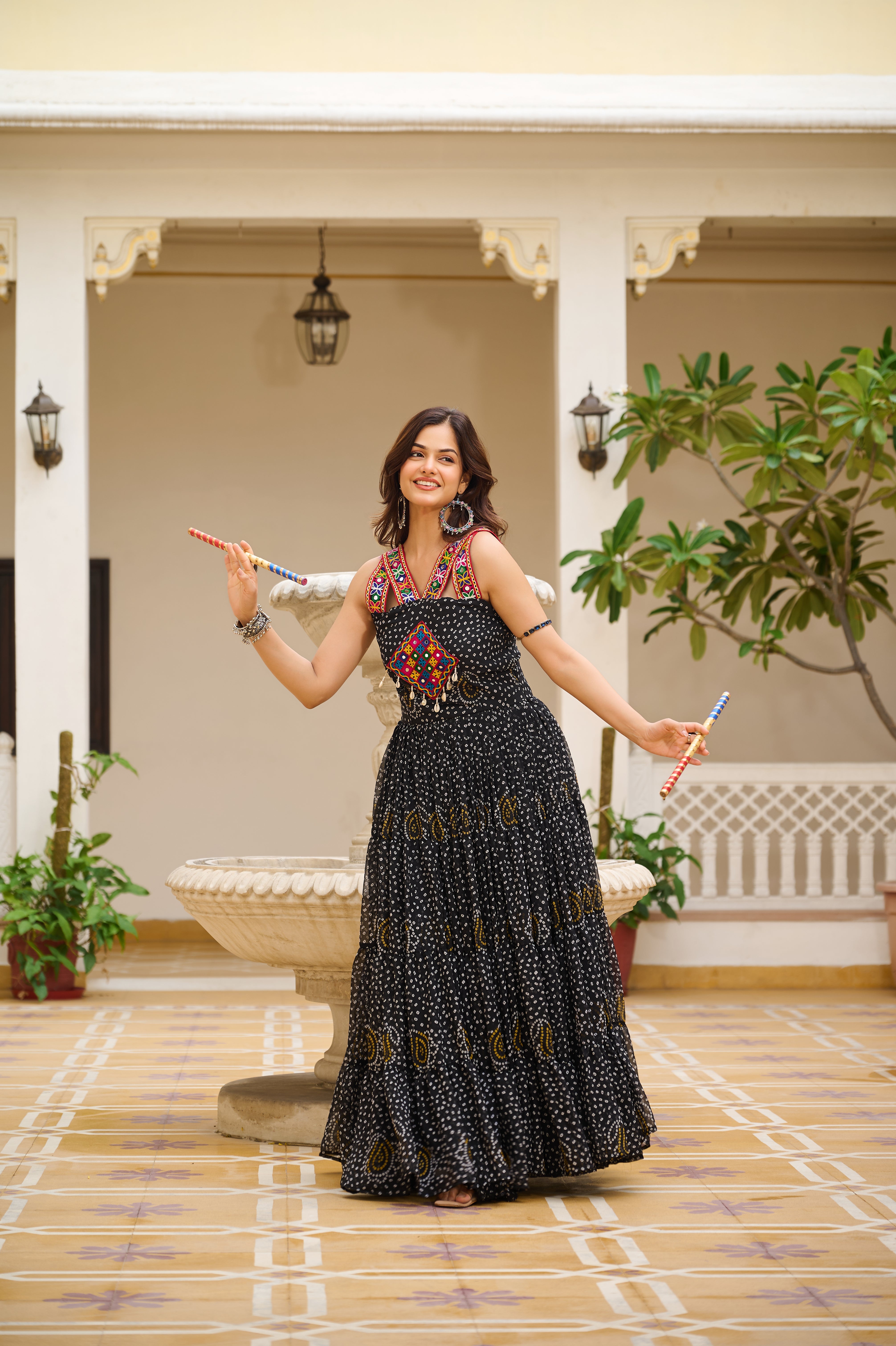 Bandhani Print Traditional Navratri Lehenga with Mirror Work Yoke & Dandiya Set