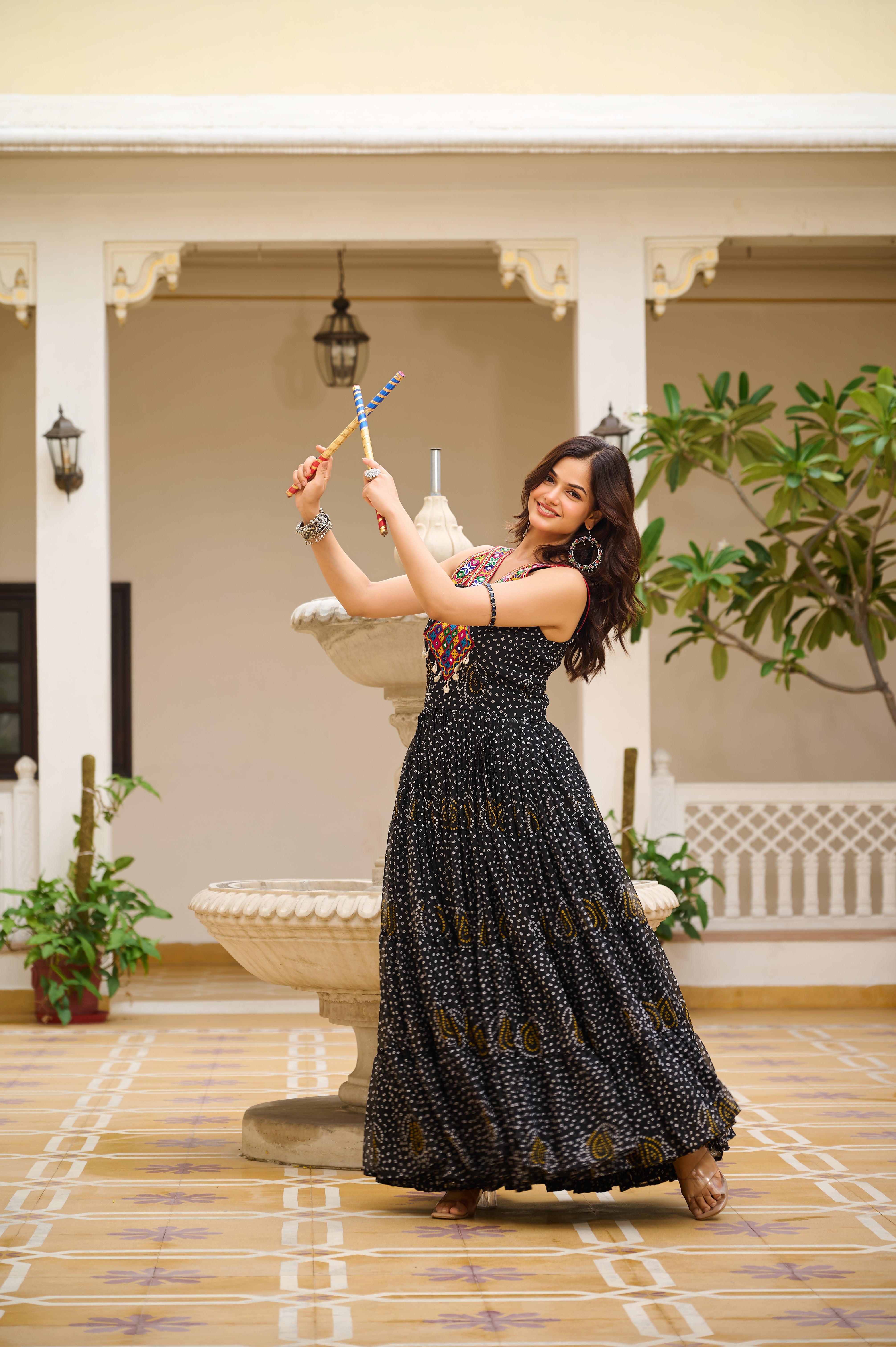 Bandhani Print Traditional Navratri Lehenga with Mirror Work Yoke & Dandiya Set