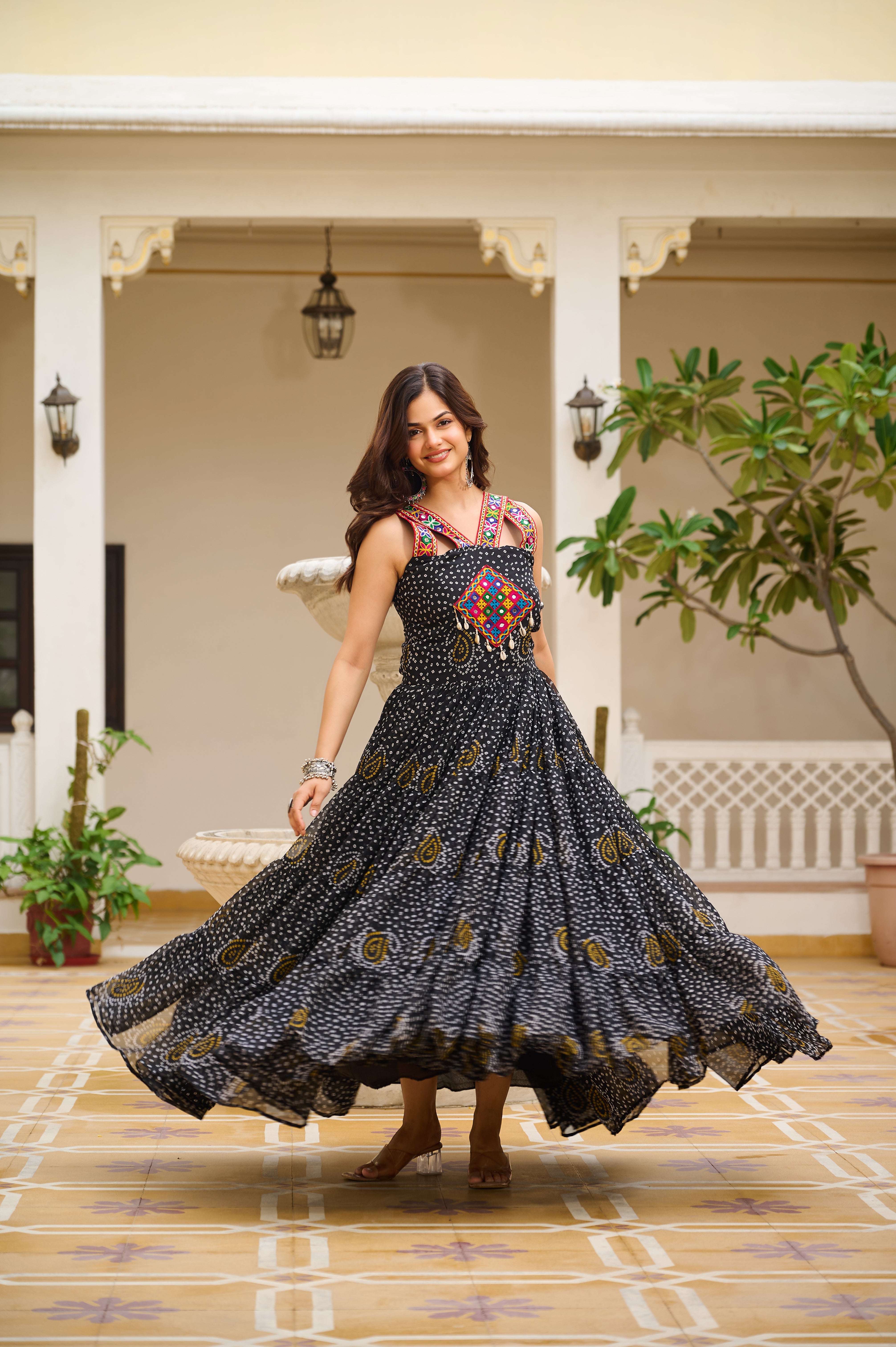 Bandhani Print Traditional Navratri Lehenga with Mirror Work Yoke & Dandiya Set