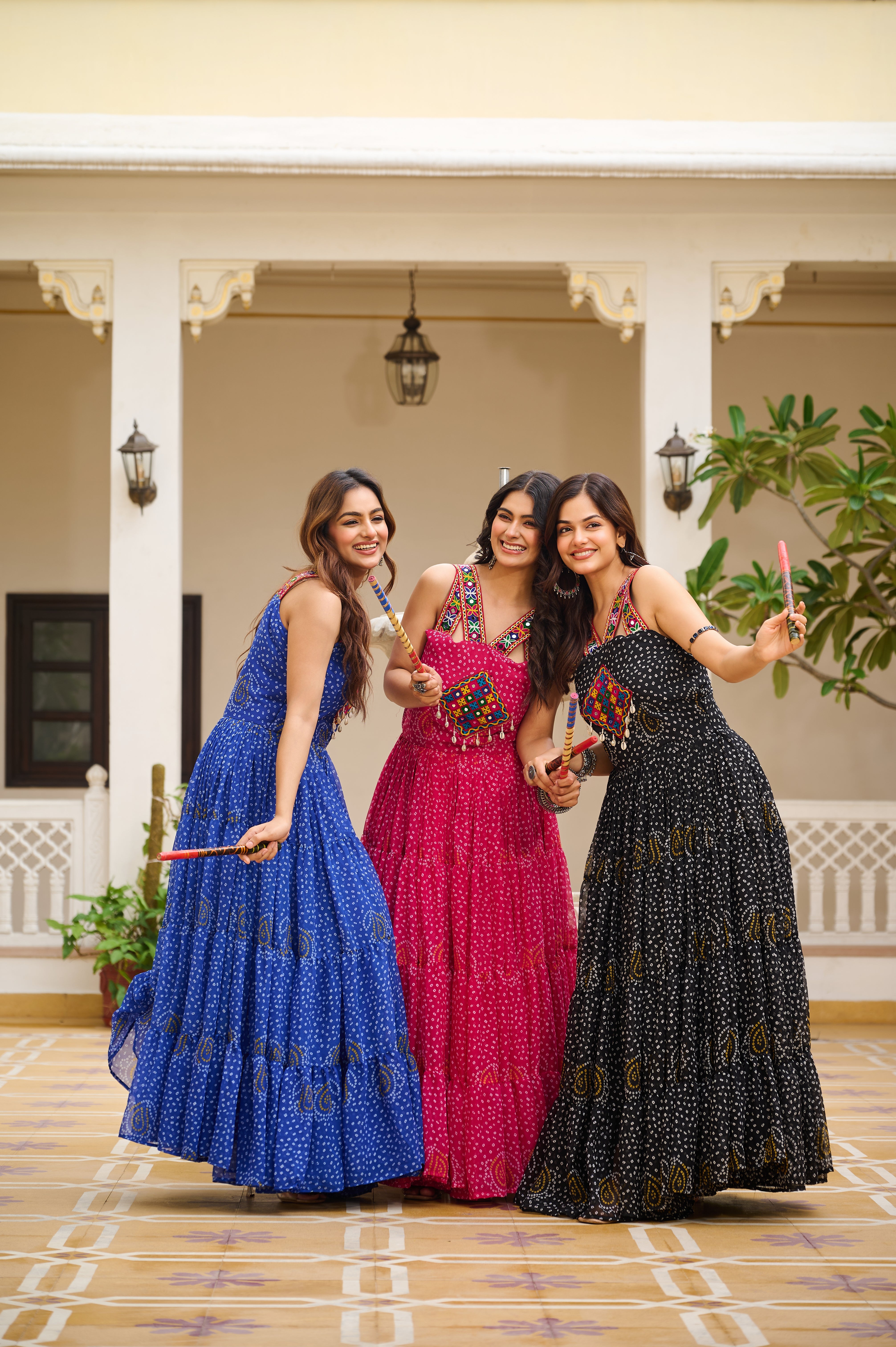 Bandhani Print Traditional Navratri Lehenga with Mirror Work Yoke & Dandiya Set
