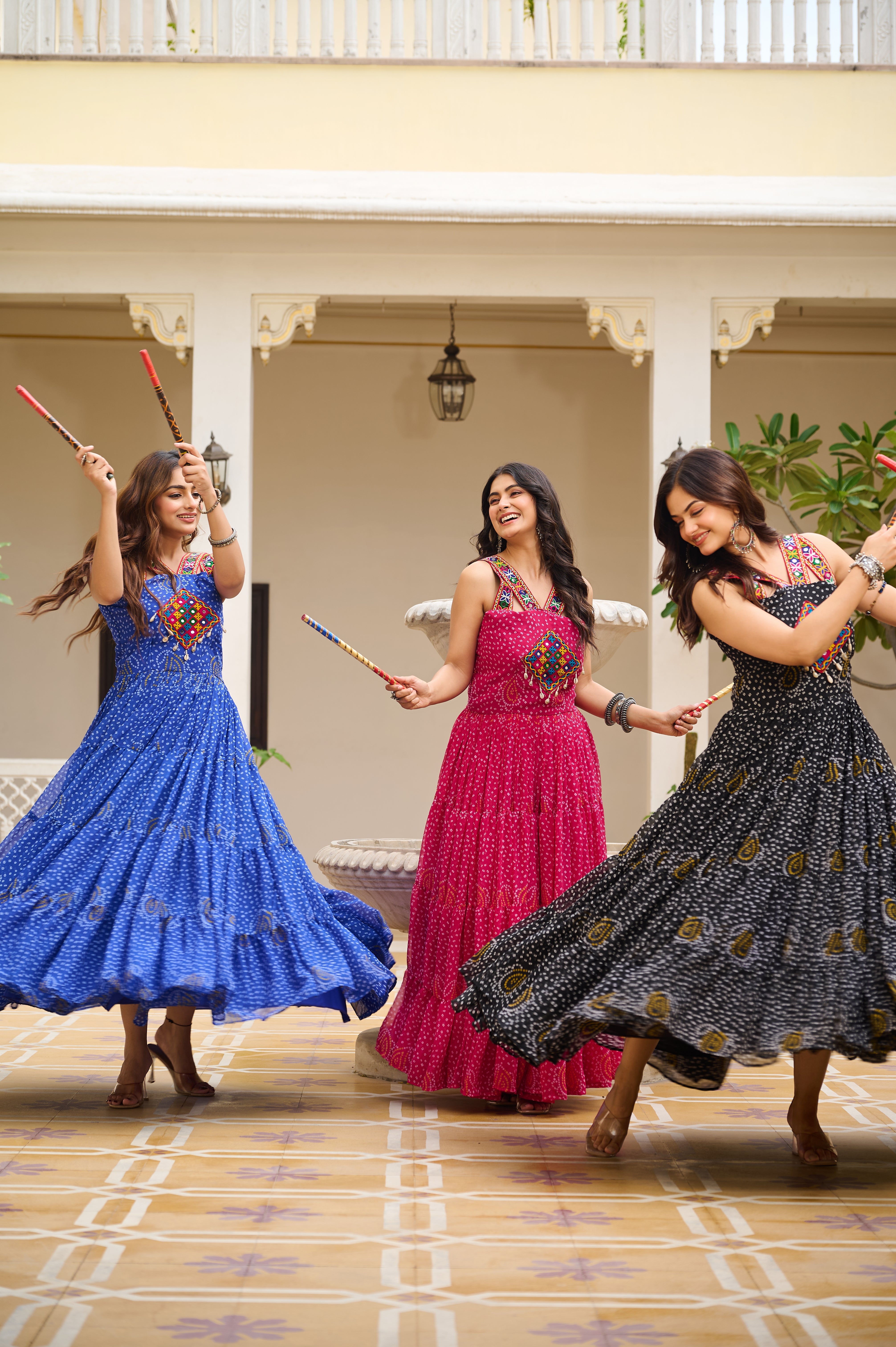 Bandhani Print Traditional Navratri Lehenga with Mirror Work Yoke & Dandiya Set