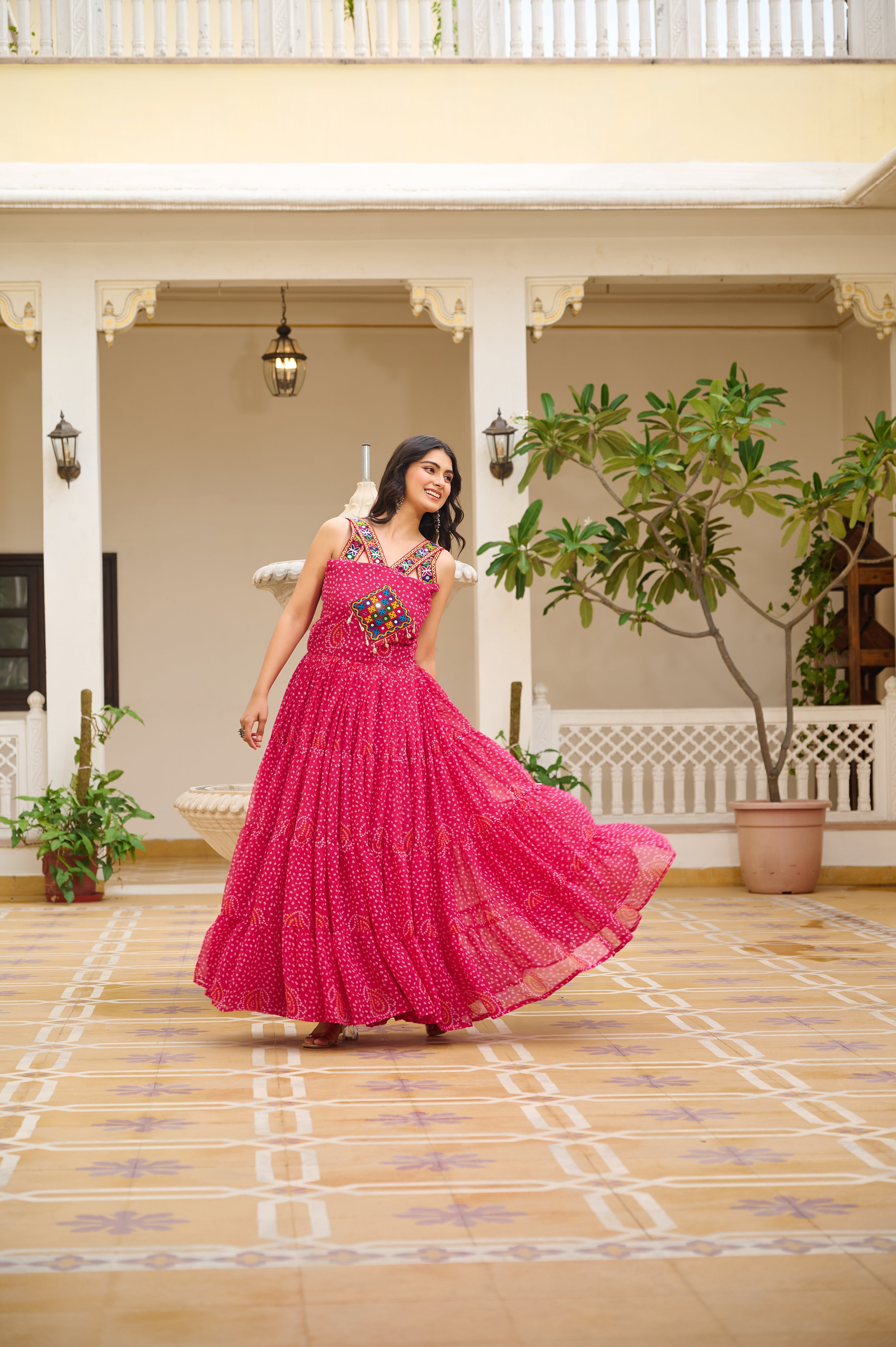 Bandhani Print Traditional Navratri Lehenga with Mirror Work Yoke & Dandiya Set
