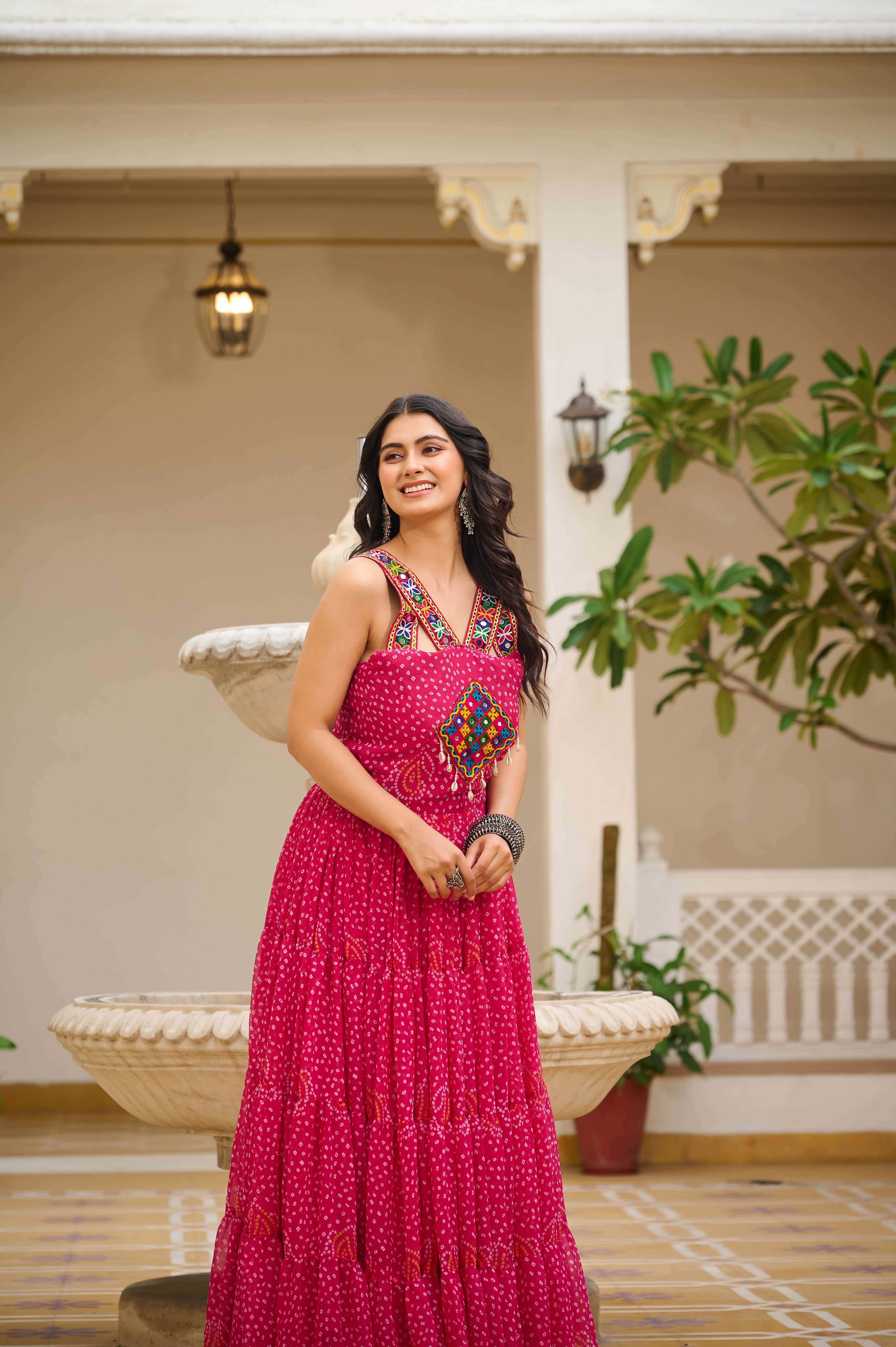 Bandhani Print Traditional Navratri Lehenga with Mirror Work Yoke & Dandiya Set