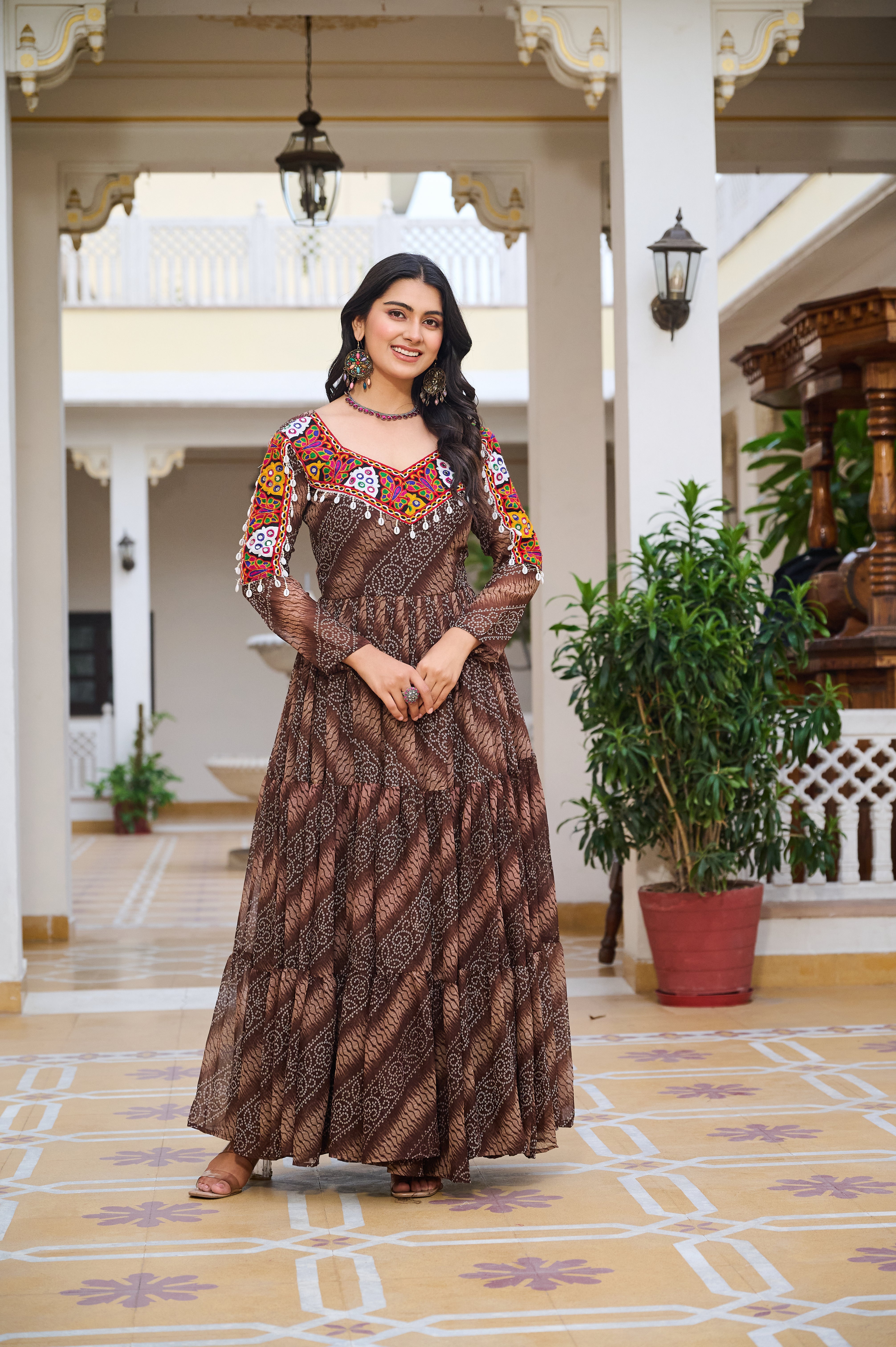 Traditional Bandhani Long Gown with Kutchi Embroidery Yoke