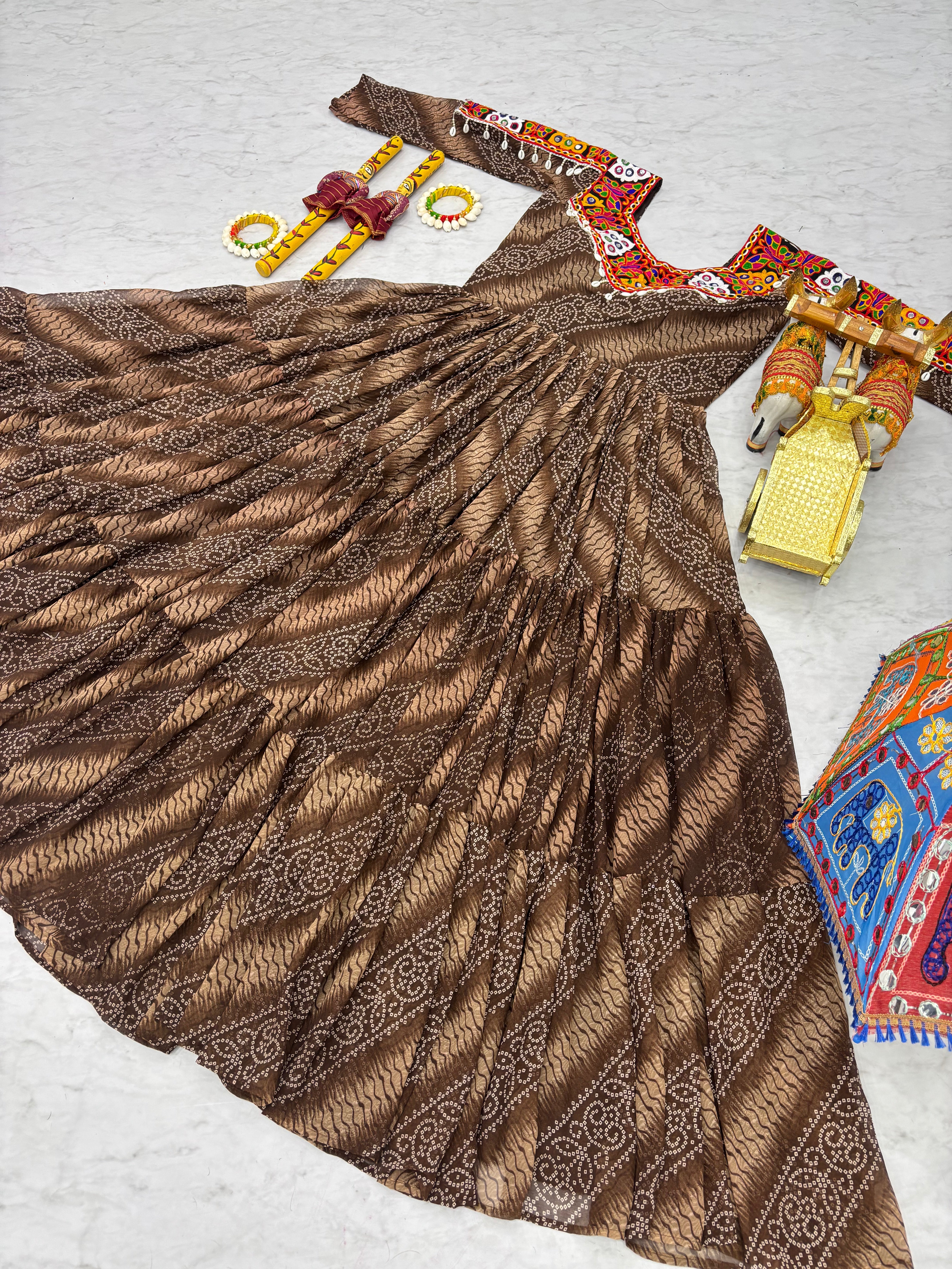 Traditional Bandhani Long Gown with Kutchi Embroidery Yoke
