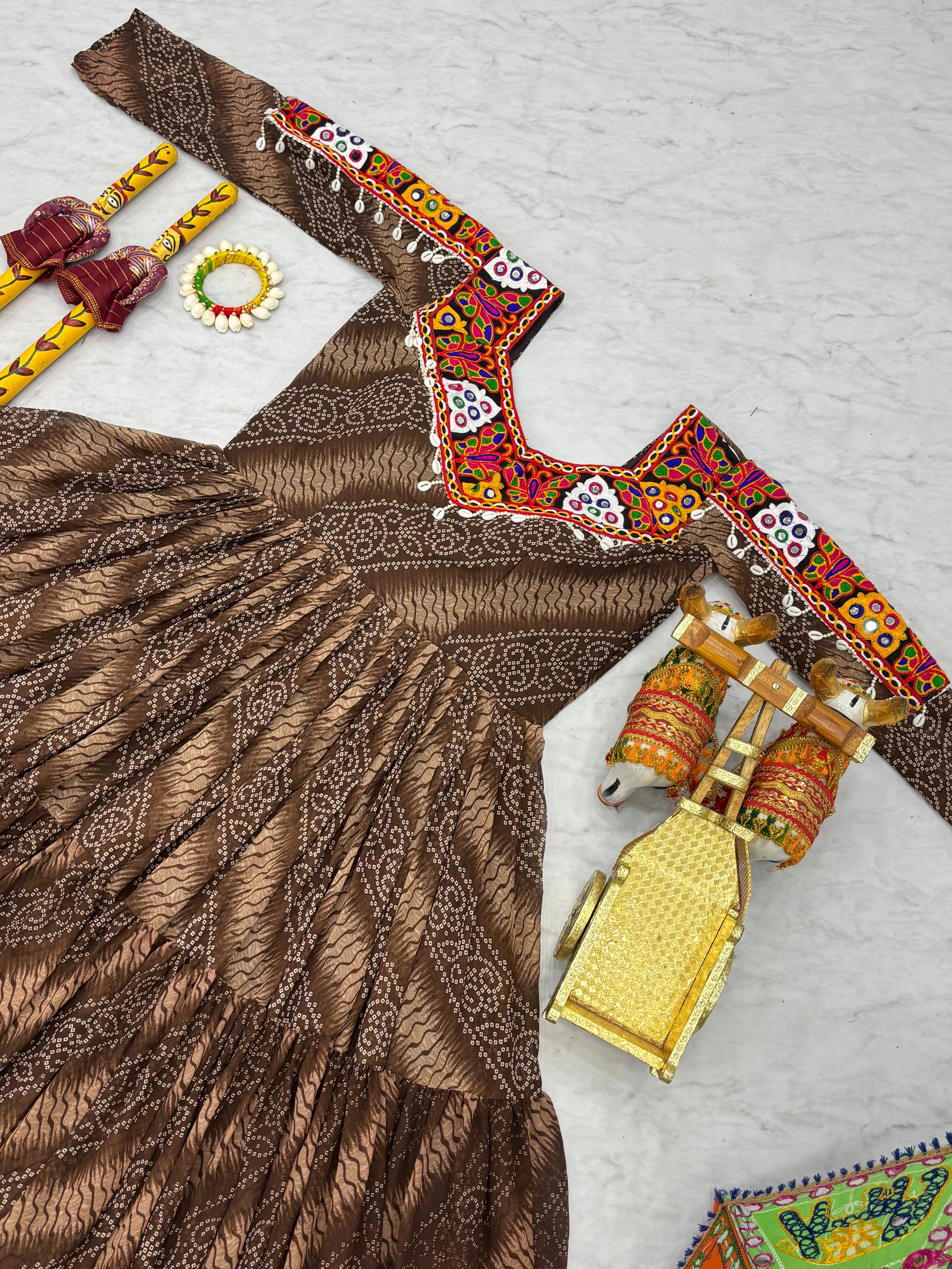 Traditional Bandhani Long Gown with Kutchi Embroidery Yoke