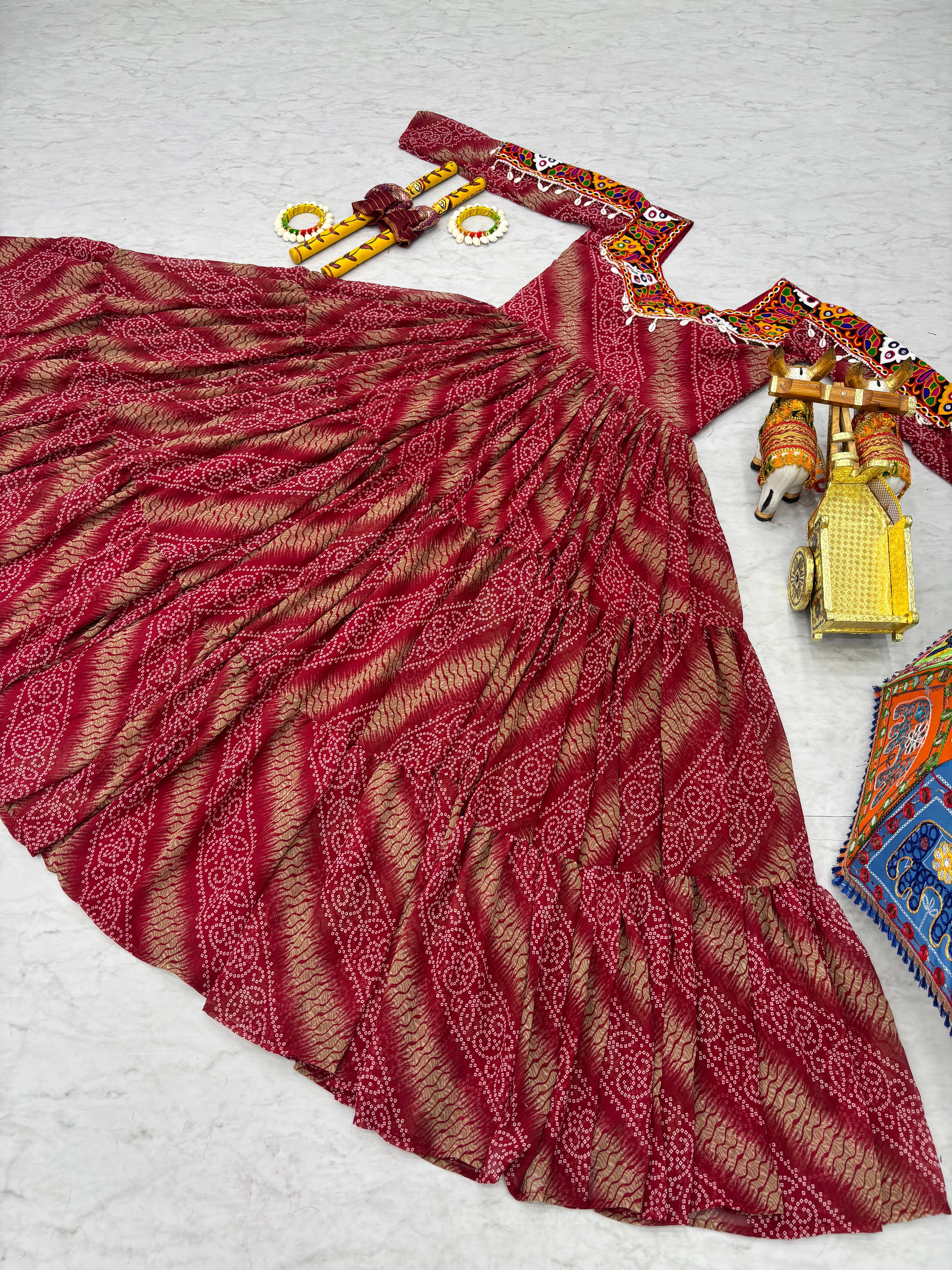 Traditional Bandhani Long Gown with Kutchi Embroidery Yoke