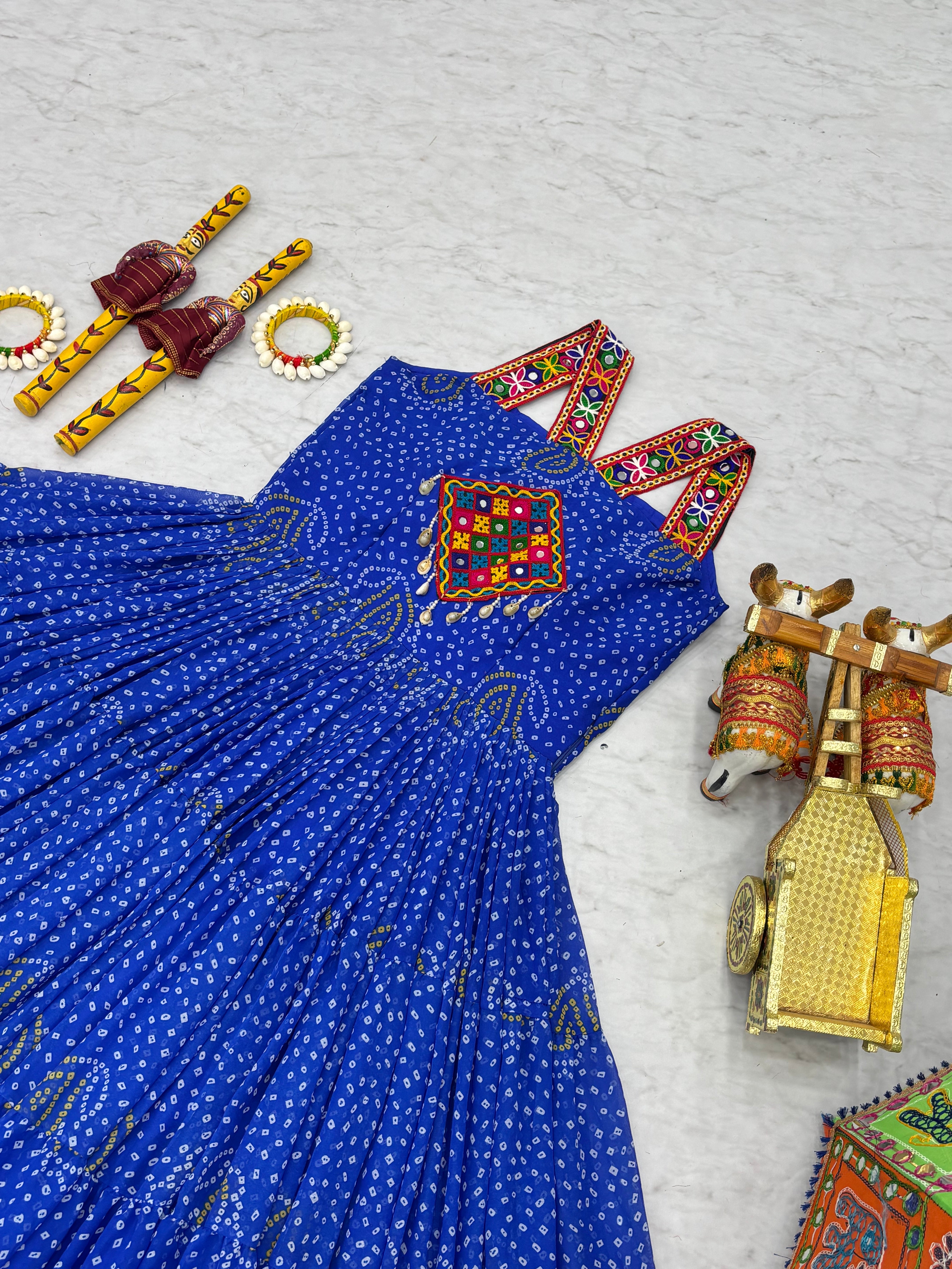 Bandhani Print Traditional Navratri Lehenga with Mirror Work Yoke & Dandiya Set