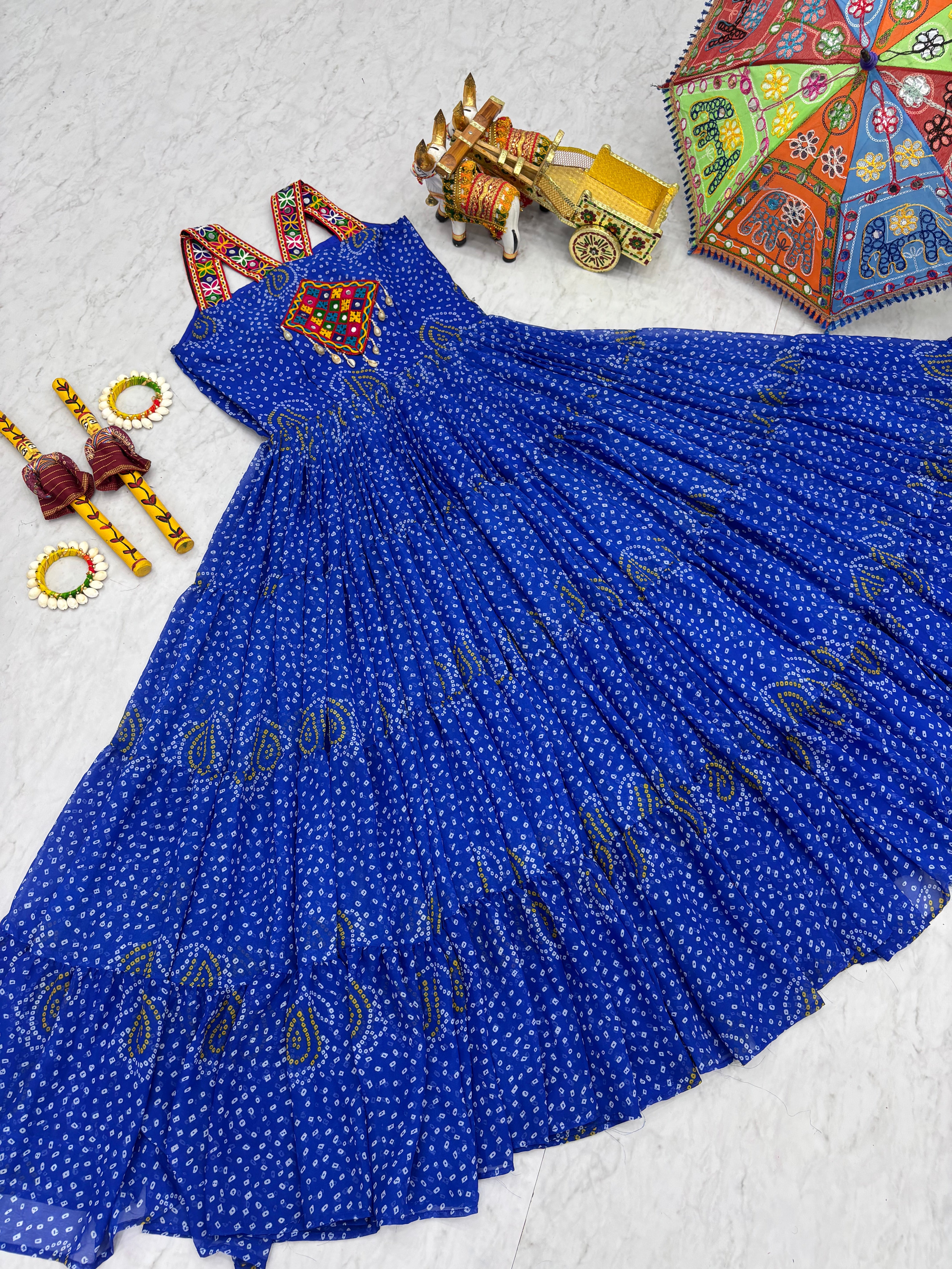 Bandhani Print Traditional Navratri Lehenga with Mirror Work Yoke & Dandiya Set