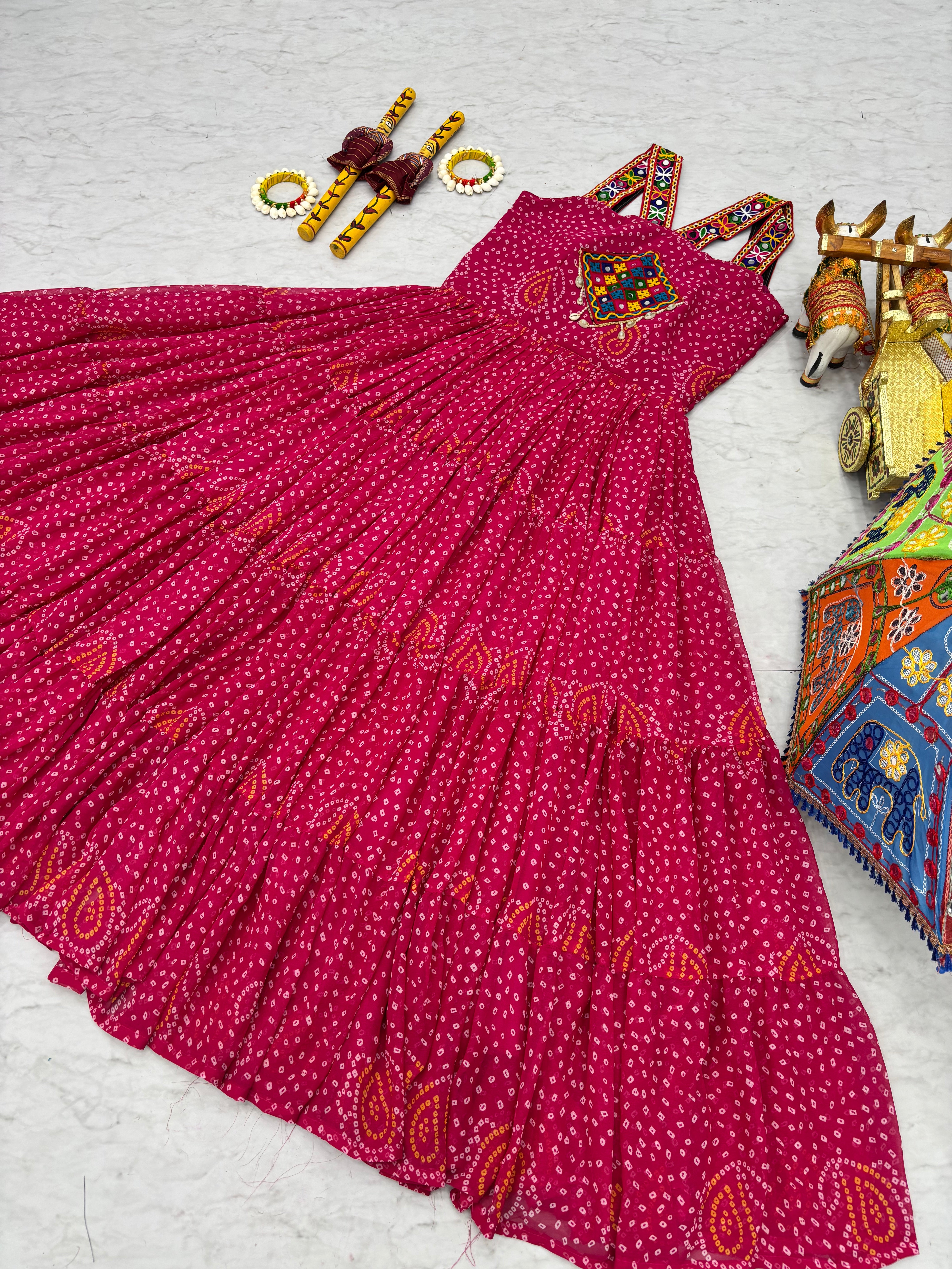 Bandhani Print Traditional Navratri Lehenga with Mirror Work Yoke & Dandiya Set