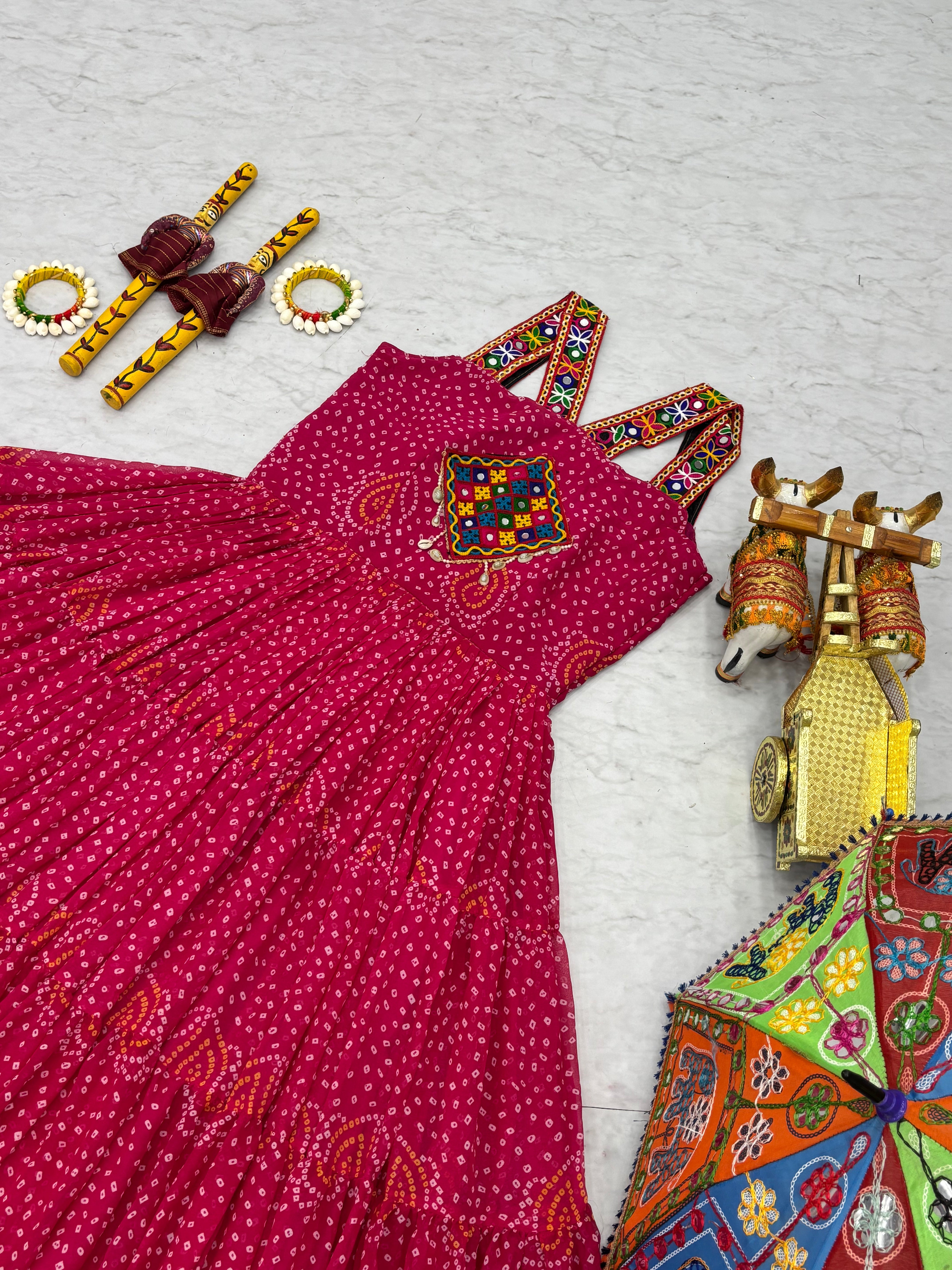Bandhani Print Traditional Navratri Lehenga with Mirror Work Yoke & Dandiya Set