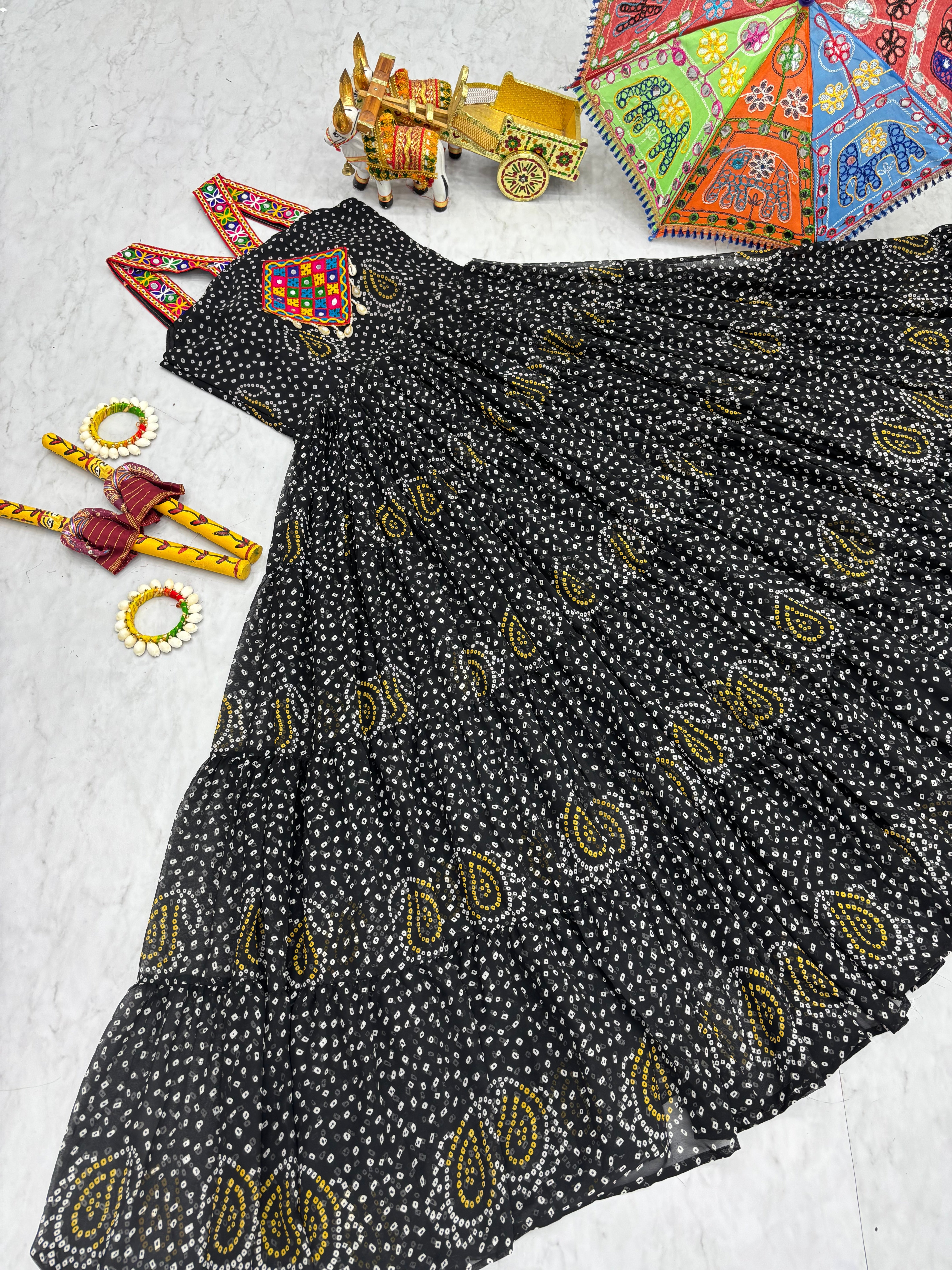 Bandhani Print Traditional Navratri Lehenga with Mirror Work Yoke & Dandiya Set