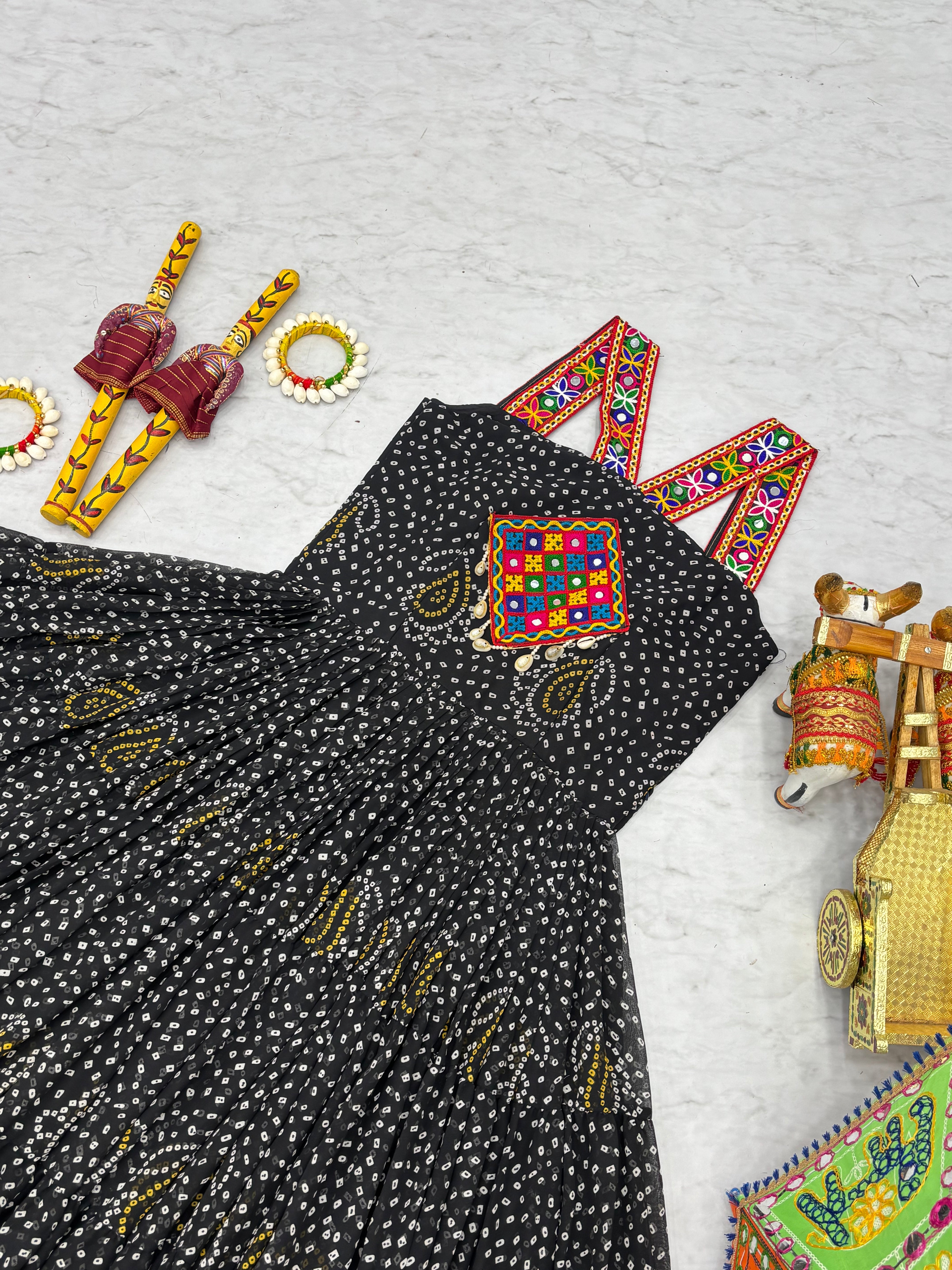 Bandhani Print Traditional Navratri Lehenga with Mirror Work Yoke & Dandiya Set