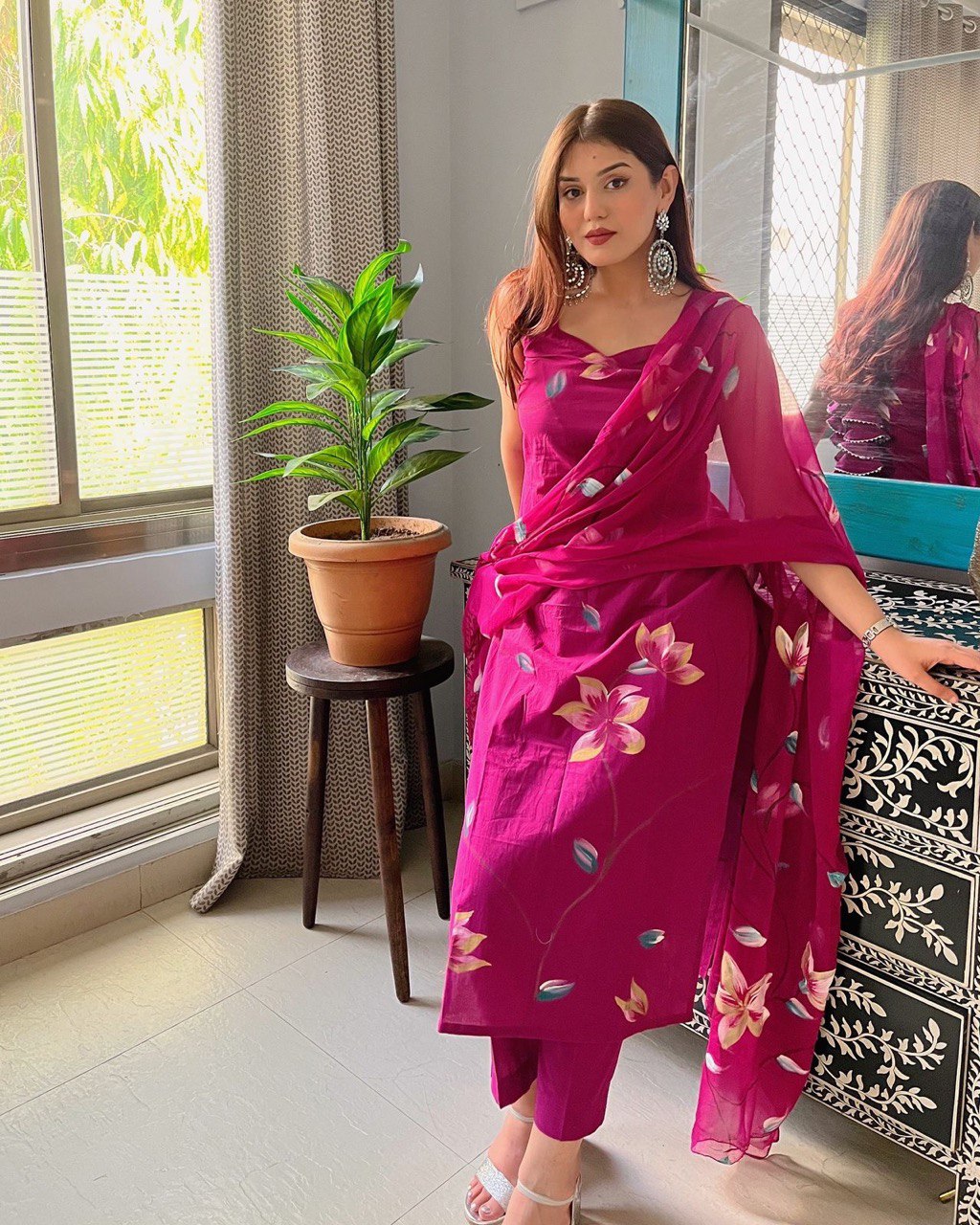 Floral Hand painted georgette kurta with tassels