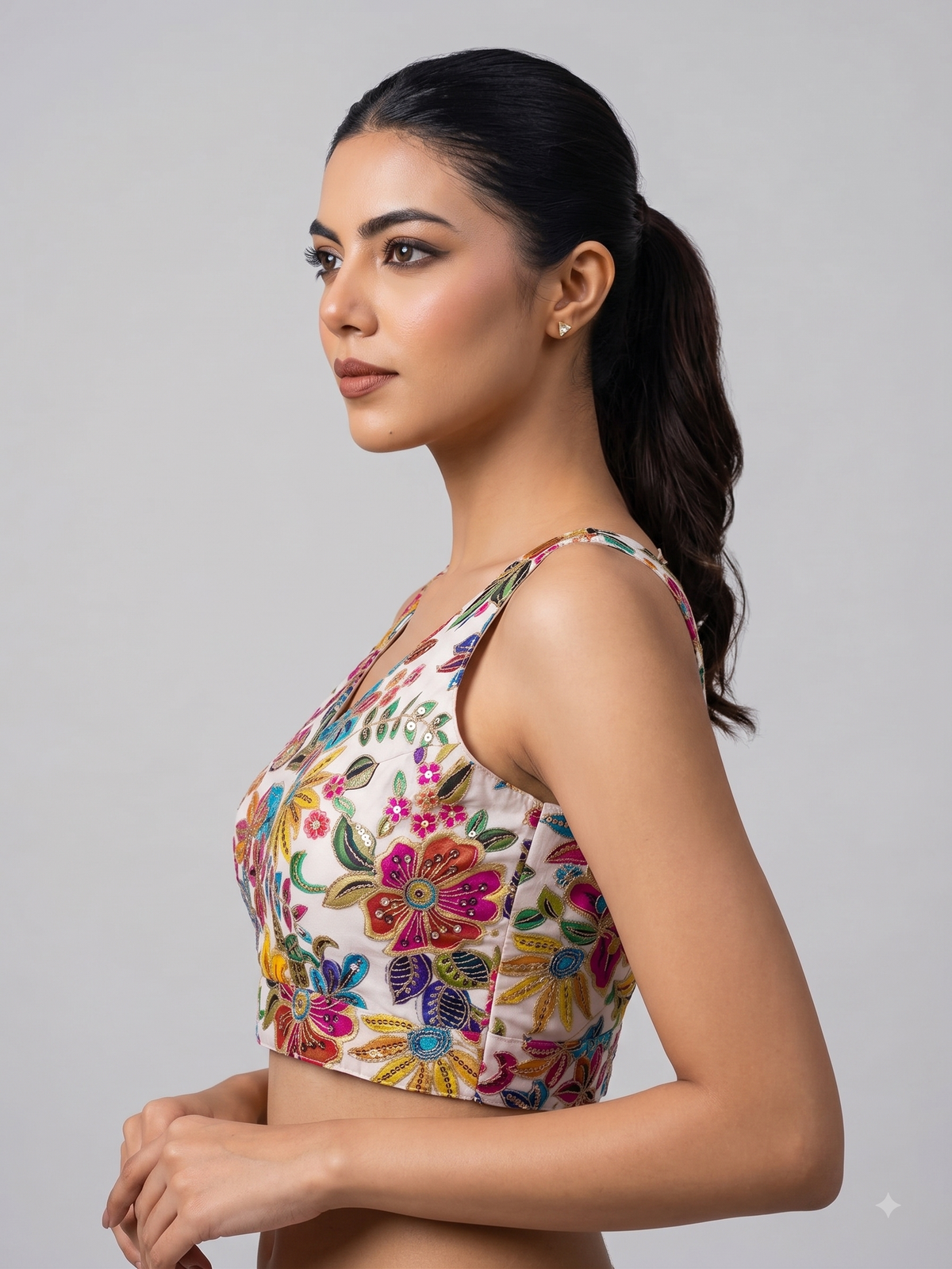 Sleeveless Position Print Embroidered Ready to Wear Blouse
