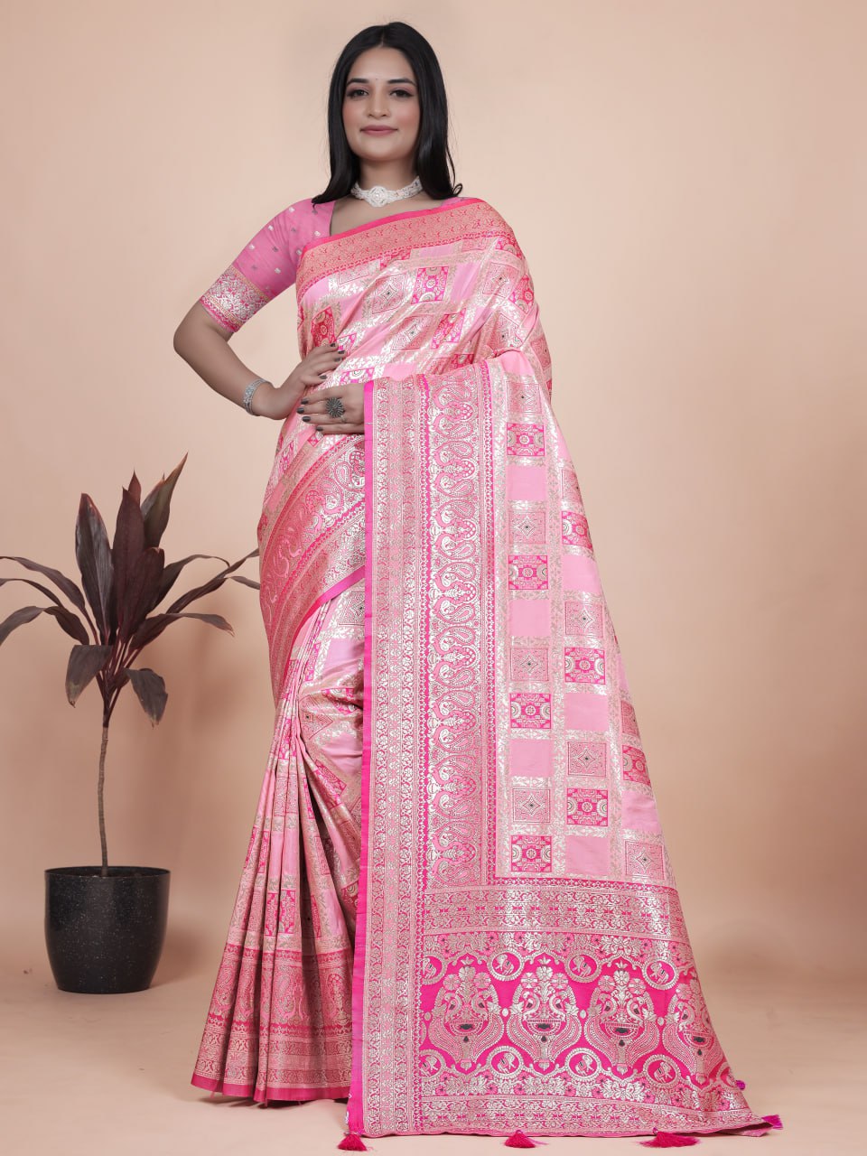 Baby Pink Banarasi Silk Saree with Rich Silver Zari Detailing