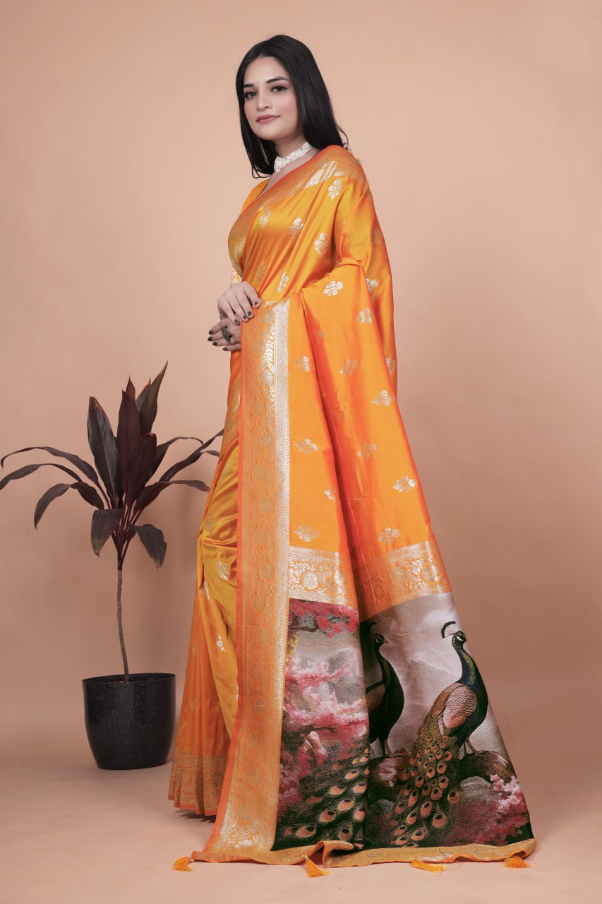 Radiant Orange Silk Saree with Peacock Pallu