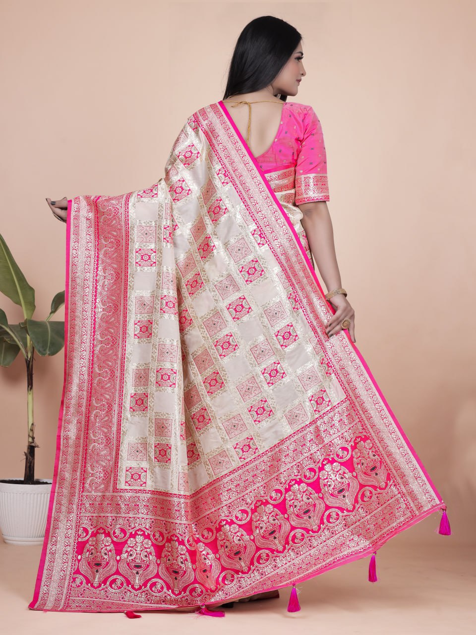 Cream and Pink Banarasi Silk Saree with Rich Silver Zari Weaving