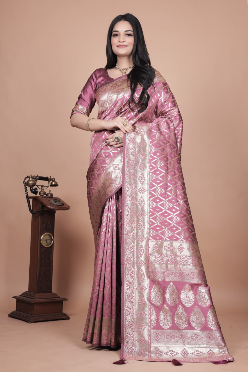 Mauve Banarasi Silk Saree with Silver Geometric and Floral Zari Work