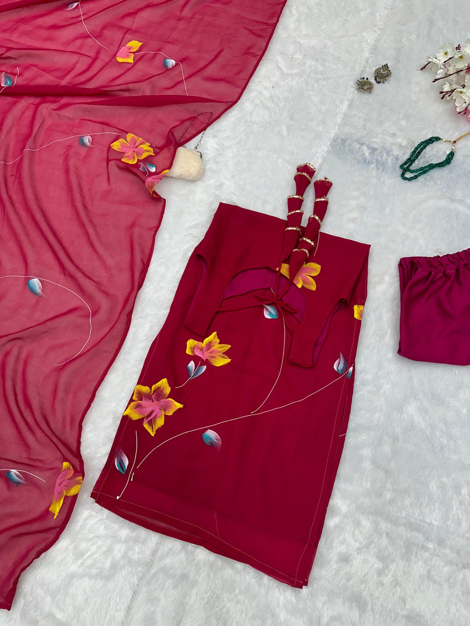 Floral Hand painted georgette kurta with tassels
