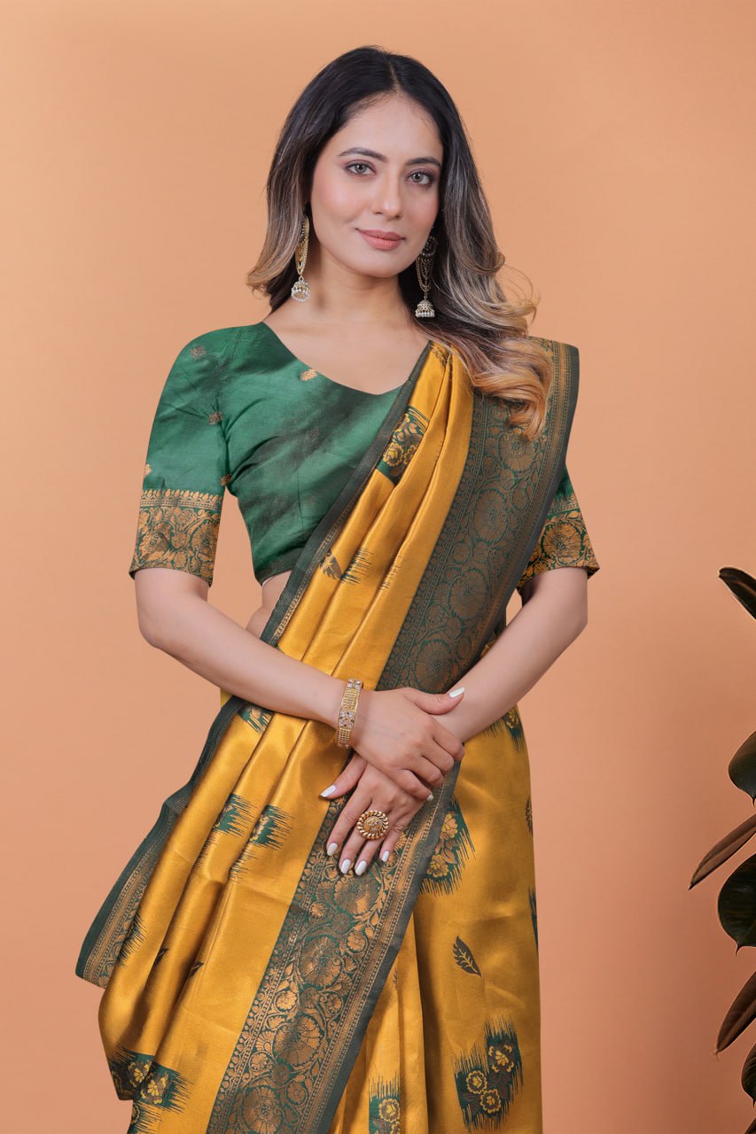 Mustard Yellow & Green Banarasi Silk Saree with Zari Weaving