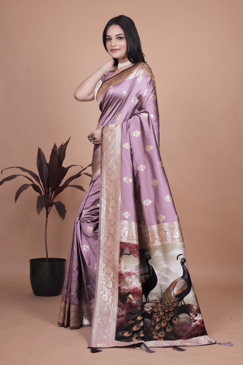 Lavender Banarasi Silk Saree with Majestic Peacock Motif Pallu
